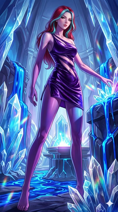 score_9, masterpiece, best quality, ultra-detailed, high-budget anime keyframe, Caucasian woman, strictly human ears. low angle full-body shot filling the entire 9:16 frame with her statuesque presence, stretching the vertical silhouette. forging in 