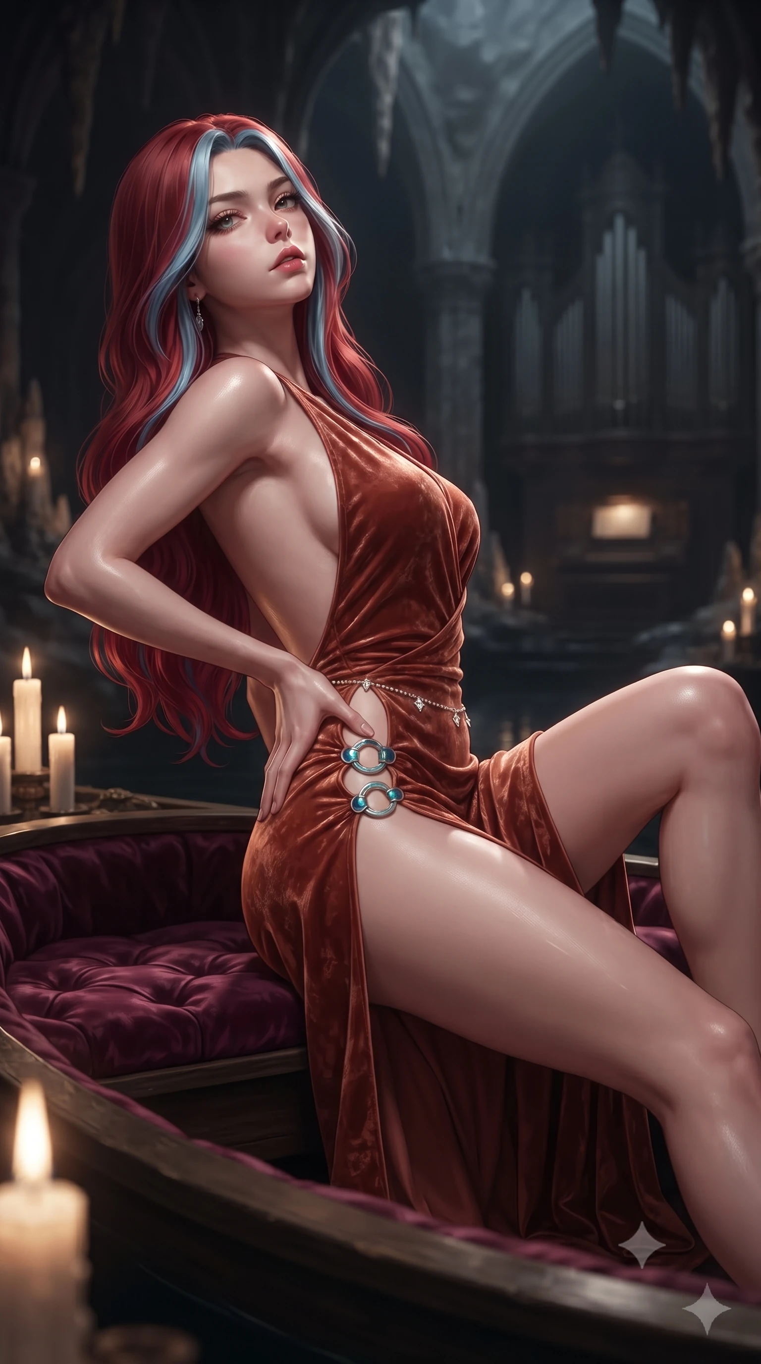 score_9, masterpiece, best quality, ultra-detailed, high-budget anime keyframe, editorial fashion photography, tasteful artistic composition, Caucasian woman. close-up cowboy shot from the waist and thighs up, the character dominates the composition, filling the frame with her large presence. tilting her chin up with proud, sovereign allure while gazing through thick eyelashes, one hand resting on her waist in pure supermodel charisma while reclining languidly on an antique velvet-lined skiff floating on the subterranean black lake, arching her spine with one knee bent as candlelight traces her curvy hips. The composition keeps background elements in soft focus with creamy bokeh. towering limestone stalactite arches and gothic pipe organ silhouettes softened in atmospheric shallow focus. She has an exceptionally elegant, slender, and willowy female figure with an ultra-slim waist, flat toned midriff, narrow ribcage, and sculpted feminine hips creating an alluring, slim hourglass silhouette without bulk. sharp v-shaped jawline, high-bridge nose, intricate jewel-like eyes with depth, thick eyelashes, glossy parted lips with a natural sheen, intensely captivating and seductive bedroom-eyes expression, flawlessly proportioned anatomical accuracy, strict slender model proportions, natural body alignment, perfectly sculpted long slender limbs, ultra-slim waistline, clean dynamic posture without body distortion. wearing a backless terracotta silk wrap dress featuring high-cut side hip slits and turquoise ring hardware in royal sapphire blue and brushed platinum, crafted from heavyweight crushed silk velvet with liquid vintage luster, accented with a dainty diamond waist chain catching the ambient light reflections, the dramatically scooped open back descending to the base of her spine, accentuating her razor-sharp statuesque lines and slim hourglass silhouette. surrounded by an immortal, seductive, and dangerously mesmerizing underground opera queen aura. ultra-reflective glossy finish, specular highlights, rich textural contrasts, high-contrast stereoscopic depth, volumetric dynamic lighting, 2k, ultra detail, master piece, 9:16 ratio