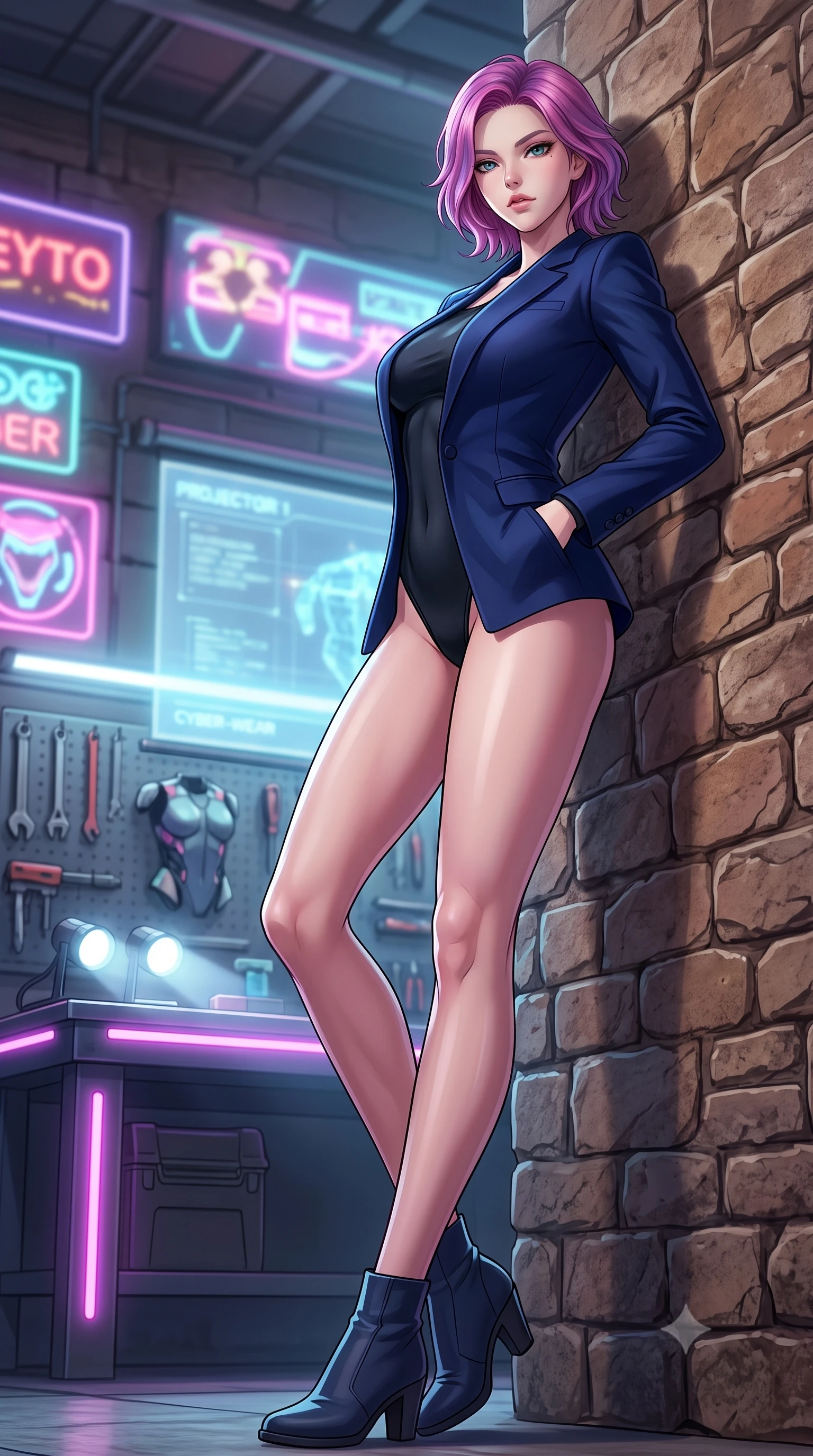 score_9, masterpiece, best quality, ultra-detailed, high-budget anime keyframe, tasteful artistic composition, Caucasian woman. low angle full-body shot from head to toe showing her feet, filling the entire 9:16 vertical frame with her statuesque presence, stretching her vertical silhouette. leaning back against a rustic stone wall, casting a slow, alluring gaze at the camera the background shows a soft-focus a futuristic workshop with tool racks, cyber-wear parts, and a neon workbench. She has an absolutely perfect, statuesque 8.5-heads proportion, an exceptionally tall and slender model-like female figure with impossibly long slender legs and an ultra-slim waist. sharp v-shaped jawline, high-bridge nose, intricate jewel-like eyes with depth, thick eyelashes, glossy lips with a natural sheen. wearing a form-contouring sleek tailored blazer in navy blue worn closed over a tight-fitting black bodysuit. bright workbench spotlights casting clear, detailed front lighting and soft back shadow. highly saturated vibrant anime colors, cel-shading, 2d style, master piece, 9:16 ratio