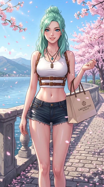 score_9, masterpiece, best quality, ultra-detailed, high-budget anime keyframe, vibrant anime aesthetic, Japanese woman. cowboy shot from the thighs up, character and outfit filling the frame for maximum presence. She is holding a boutique bag, smili