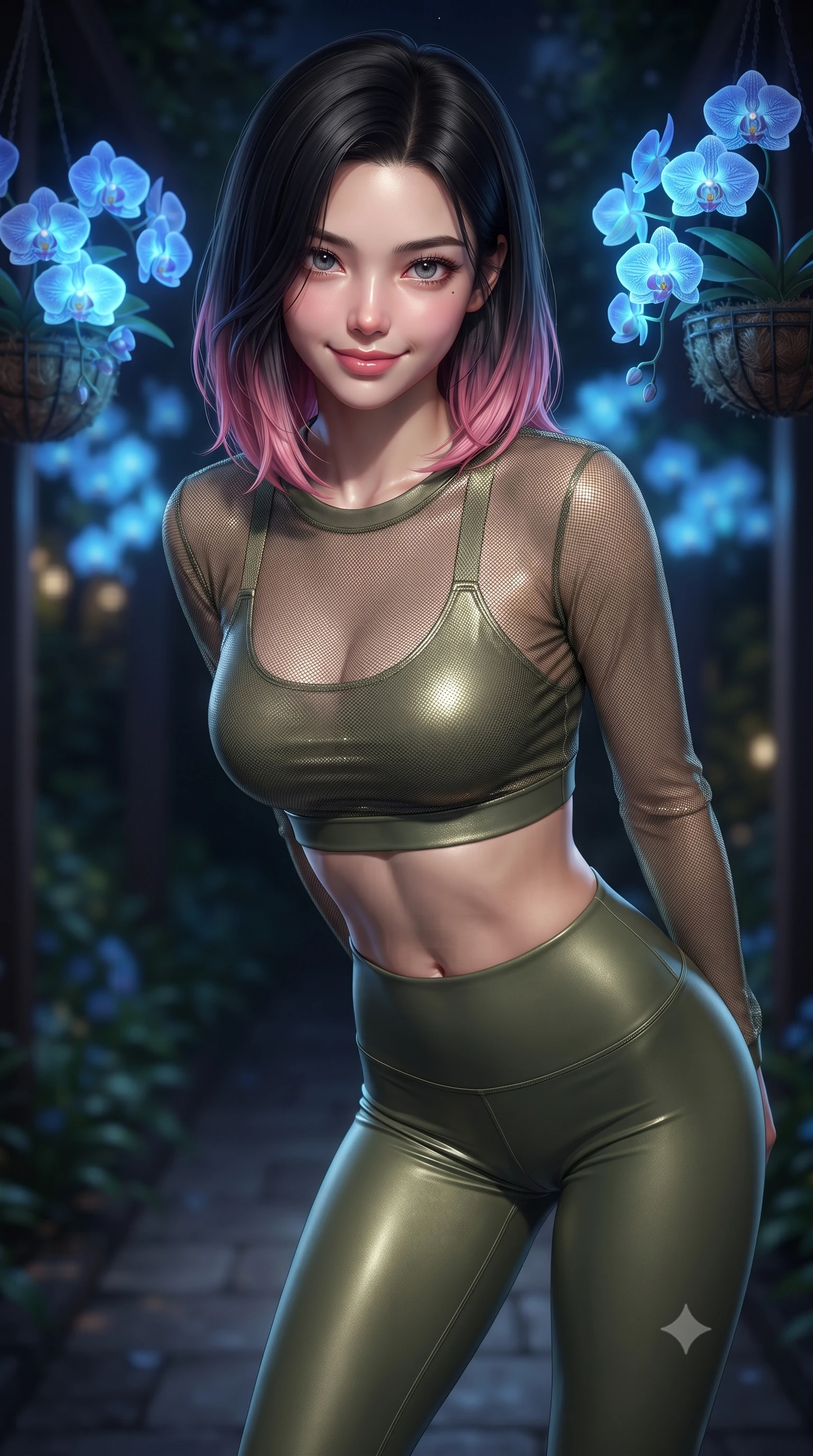 score_9, masterpiece, best quality, ultra-detailed, high-budget anime keyframe, editorial fashion photography, tasteful artistic composition, Korean woman. close-up cowboy shot from the waist and thighs up, the character dominates the composition, filling the frame with her large presence, background elements kept in soft focus. leaning slightly forward with a playful, teasing smile, her gaze locked onto the viewer the background shows a soft-focus a private garden pathway under hanging baskets of glowing blue orchids at night. She has an exceptionally elegant, slender, and willowy female figure with an ultra-slim waist, a gracefully sculpted slender torso, and a refined silhouette. sharp v-shaped jawline, high-bridge nose, intricate jewel-like eyes with depth, thick eyelashes, glossy lips with a natural sheen. wearing a slim-fit sheer mesh long-sleeve crop top in olive green, worn over a matching sports bra and leggings. soft blue bioluminescent light making her skin luminously glow against the dark. ultra-reflective glossy finish, specular highlights, metallic sheen, high-contrast stereoscopic depth, volumetric dynamic lighting, 2k, ultra detail, master piece, 9:16 ratio