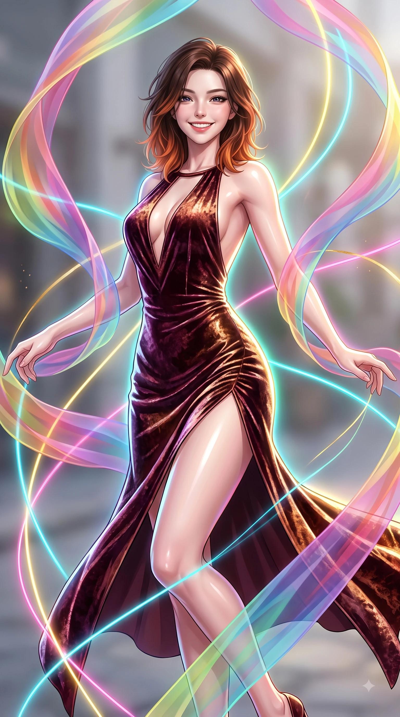 score_9, masterpiece, best quality, ultra-detailed, high-budget anime keyframe, editorial fashion photography, tasteful artistic composition, Korean woman. close-up cowboy shot from the waist and thighs up, the character dominates the composition, filling the frame with her large presence, background elements kept in soft focus. Enchanting happy smile, her eyes twinkling like jewels in the bright sunlight as one arm reaches out playfully while spinning in mid-air as translucent rainbow silk ribbons swirl around her with joyful grace, fluorescent cyan, yellow, pink, and gold light threads crossing in 3D space. She has an exceptionally elegant, slender, and willowy female figure with an ultra-slim waist, a gracefully sculpted slender torso, and a refined silhouette. sharp v-shaped jawline, high-bridge nose, intricate jewel-like eyes with depth, thick eyelashes, glossy lips with a natural sheen, flawlessly proportioned anatomical accuracy, natural body alignment, perfectly sculpted elegant limbs, clean dynamic posture without body distortion. wearing a backless crushed velvet gown with a deep V-neckline and high thigh slit in deep burgundy and bronze, made of premium stretch velvet with a rich sheen, accented with a Tasteful chest slit framing her clavicle gracefully, the tailored fabric tightly following every curve of her athletic build. surrounded by a vibrant fluorescent aura with bright specular rim lights. ultra-reflective glossy finish, specular highlights, metallic sheen, high-contrast stereoscopic depth, volumetric dynamic lighting, 2k, ultra detail, master piece, 9:16 ratio