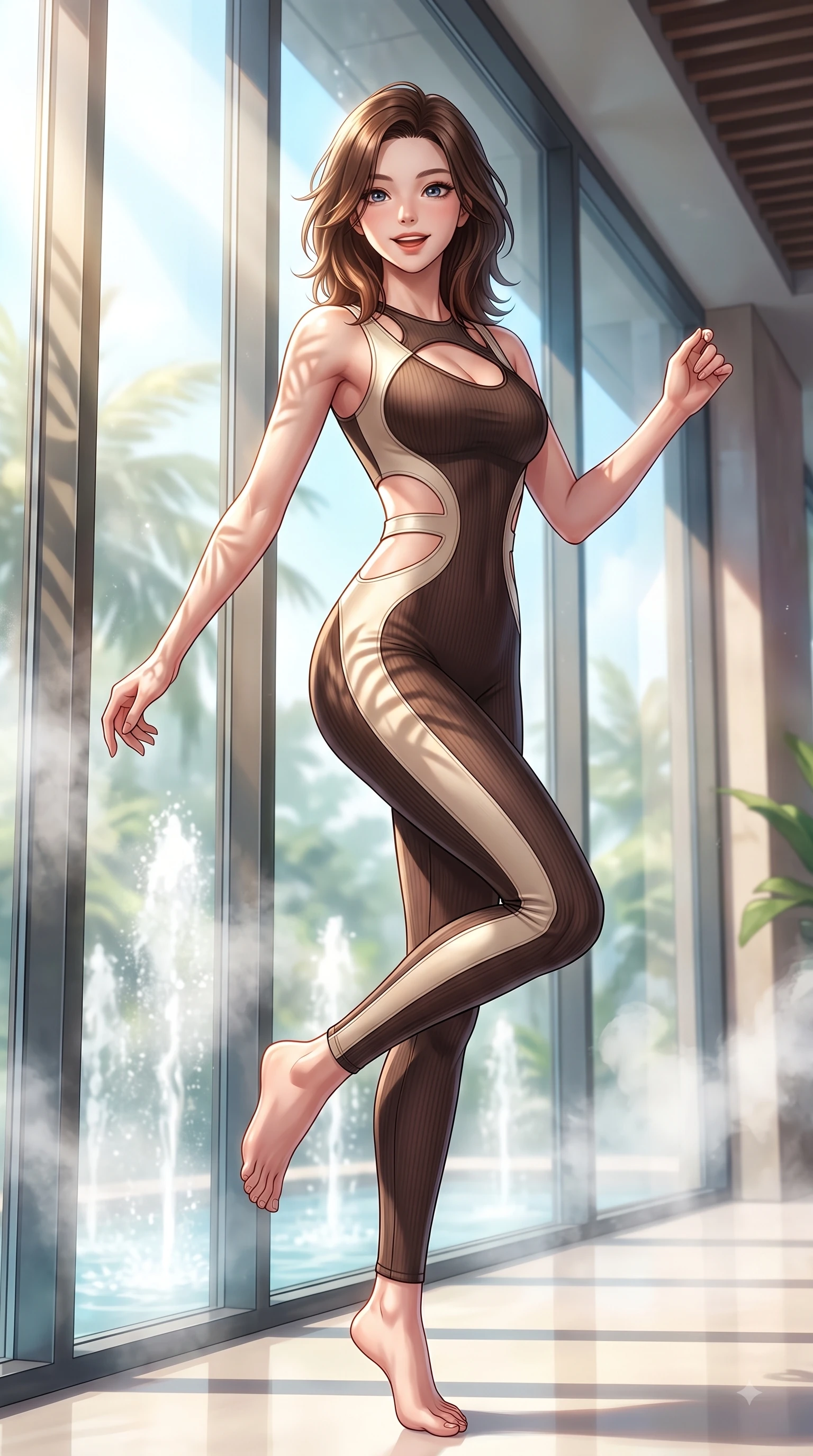 score_9, masterpiece, best quality, ultra-detailed, high-budget anime keyframe, editorial fashion photography, tasteful artistic composition, Korean woman. low angle full-body shot from head to toe showing her feet, filling the entire 9:16 vertical frame with her statuesque presence, stretching her vertical silhouette. pivoting dynamically in mid-motion with a delighted cute expression, displaying her perfect model proportions while resting near a sunlit glass wall as tropical sunbeams highlight her fresh youthful figure, swirling steam clouds from misting fountains adding a magical tropical humidity. She has an absolutely perfect, statuesque 8.5-heads proportion, an exceptionally tall and slender model-like female figure with impossibly long slender legs and an ultra-slim waist. sharp v-shaped jawline, high-bridge nose, intricate jewel-like eyes with depth, thick eyelashes, glossy lips with a natural sheen, flawlessly proportioned anatomical accuracy, natural body alignment, perfectly sculpted elegant limbs, clean dynamic posture without body distortion. wearing a form-fitting ribbed activewear set with elegant collar cutouts in espresso brown and warm cream, formed from sleek second-skin neoprene, featuring clean architectural cutouts along her slender torso, the sleek second-skin texture accentuating her magnetic presence. illuminated by clear sunbeams casting organic leaf stencil shadows across her skin. highly saturated vibrant anime colors, detailed shading with soft gradients, rich glossy textures, high-contrast stereoscopic depth, volumetric dynamic lighting, master piece, 9:16 ratio