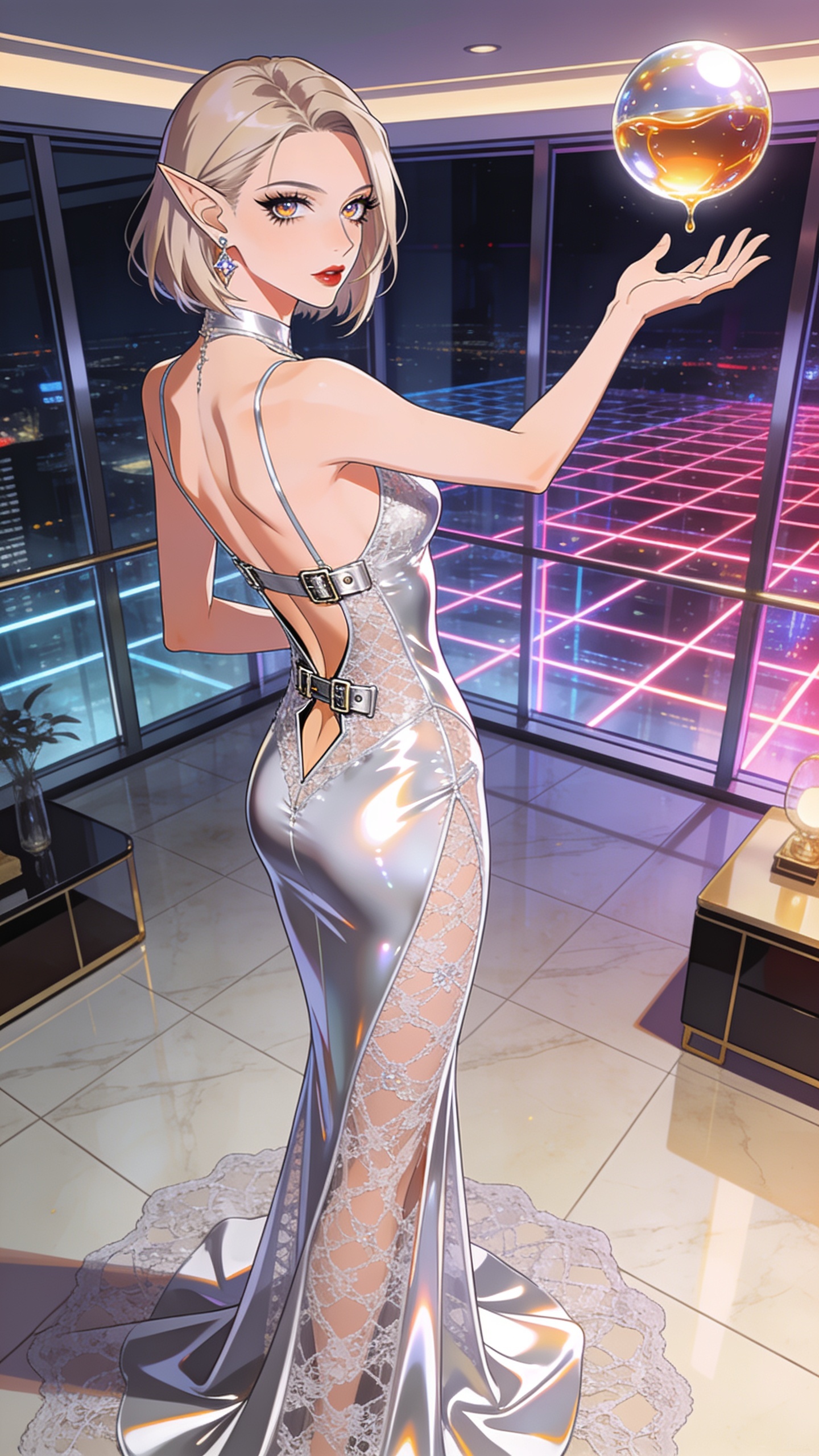 score_9, masterpiece, best quality, ultra-detailed, High-budget Anime Keyframe, Caucasian woman, strictly human ears. Dynamic full-body shot stretching the vertical silhouette to the limit. Scenario 471: reaching out to catch a floating sphere of liquid light in a luxury penthouse with floor-to-ceiling glass walls overlooking a neon grid. Her presence is magnetic and overpowering in this high-budget anime scene. Outfit 471: a form-contouring liquid silver micro-mesh lace slip dress with a dramatic backless design and metallic buckles. The clothing is designed to emphasize her exceptionally tall and slender 8-heads proportion. 8-heads proportion, towering silhouette, ultra-slim waist. sharp v-shaped jawline, intricate jewel-like eyes with depth, thick eyelashes, glossy lips. 2k, ultra detail, master piece, 9:16 ratio