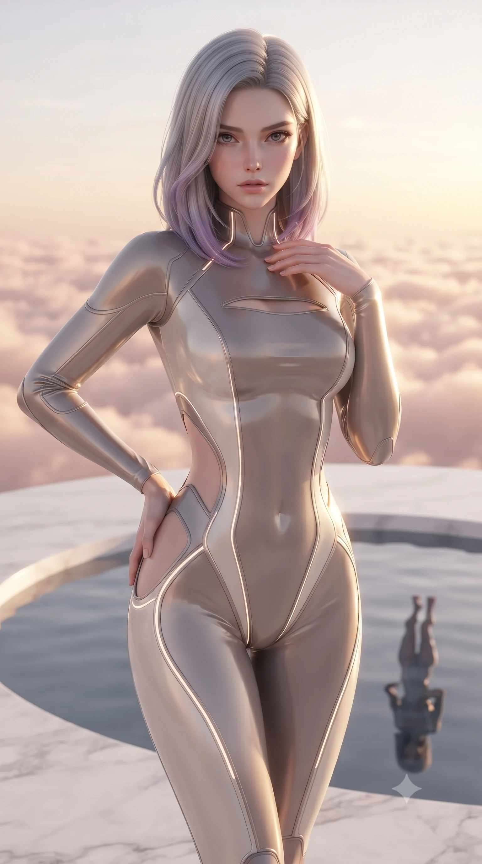 score_9, masterpiece, best quality, ultra-detailed, high-budget anime keyframe, editorial fashion photography, tasteful artistic composition, Caucasian woman. close-up cowboy shot from the waist and thighs up, the character dominates the composition, filling the frame with her large presence, background elements kept in soft focus. Holding a confident power pose with one hand on her hip, gazing directly into the camera with quiet intensity standing on a floating white marble terrace above a sea of rose-gold clouds, still pool waters reflecting her slender silhouette and the open sky. She has an exceptionally elegant, slender, and willowy female figure with an ultra-slim waist, a gracefully sculpted slender torso, and a refined silhouette. sharp v-shaped jawline, high-bridge nose, intricate jewel-like eyes with depth, thick eyelashes, glossy lips with a natural sheen. wearing a skin-tight cybernetic bodysuit with glowing neon seams and side cutouts in muted taupe and soft ivory, formed from sleek second-skin neoprene, accented with a Tasteful chest slit framing her clavicle gracefully, the form-contouring material highlighting her ultra-slim waist and long lines. bathed in glorious golden hour sunbeams and warm rose-gold ambient light. ultra-reflective glossy finish, specular highlights, metallic sheen, high-contrast stereoscopic depth, volumetric dynamic lighting, 2k, ultra detail, master piece, 9:16 ratio