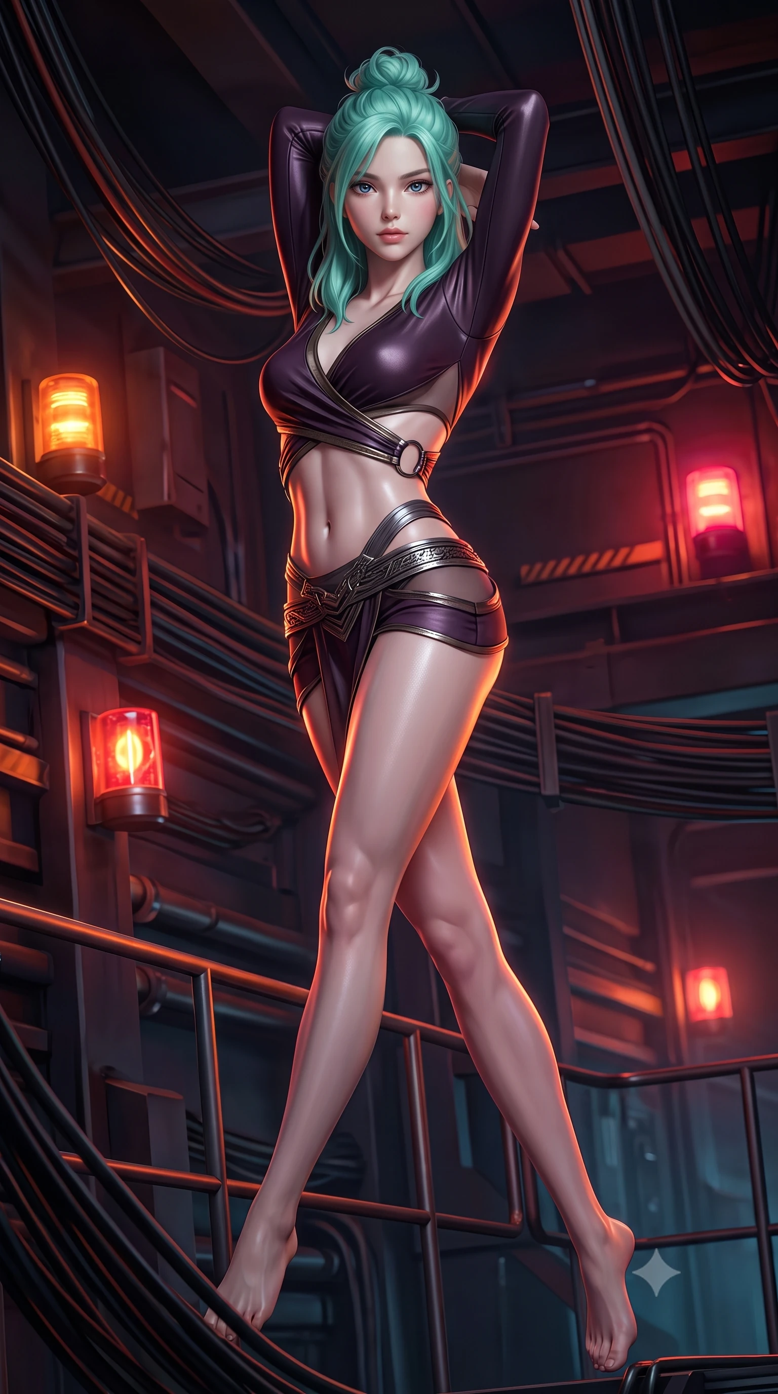 score_9, masterpiece, best quality, ultra-detailed, high-budget anime keyframe, semi-realistic 3D game render, editorial fashion photography, tasteful artistic composition, Japanese woman. low angle full-body shot from head to toe showing her feet, filling the entire 9:16 vertical frame with her statuesque presence, stretching her vertical silhouette. arching her spine in a fluid zero-gravity turn with sovereign grace, her long slender legs and sculpted torso creating a sweeping line with provocative poise while arching her spine in a fluid stretch as orange and crimson hazard beacons trace her athletic curves in the dark. The surrounding environment is rendered in vivid detail and crisp panoramic clarity. sharp conduit wire bundles, metal catwalk railings, and pulsing beacon light borders in high resolution. She has an absolutely perfect, statuesque 8.5-heads proportion, an exceptionally tall and slender model-like female figure with impossibly long slender legs, a toned flat midriff, and an ultra-slim waist. sharp v-shaped jawline, high-bridge nose, intricate jewel-like eyes with depth, thick eyelashes, glossy lips with a natural sheen, flawlessly proportioned anatomical accuracy, strict slender model proportions, natural body alignment, perfectly sculpted long slender limbs, ultra-slim waistline, clean dynamic posture without body distortion. wearing a shortened dark gothic-fusion wrap top with transparent chiffon panels, a deep crossover neckline, and a metallic waist sash in dark plum purple and antique bronze hardware, made of liquid metal jersey that clings flawlessly to every contour of her build, detailed with polished gunmetal rings connecting the daring side-waist cutouts, the form-contouring material adhering flawlessly to her sculpted flat midriff and slender torso, emphasizing her long leg lines and perfectly proportioned willowy build. illuminated by sharp specular highlights tracing her ultra-slim waist, long legs, and toned flat midriff. rich saturated anime colors with deep moody shadows, detailed chiaroscuro shading with soft gradients, rich glossy textures, high-contrast stereoscopic depth, volumetric dynamic shadow lighting, master piece, 9:16 ratio