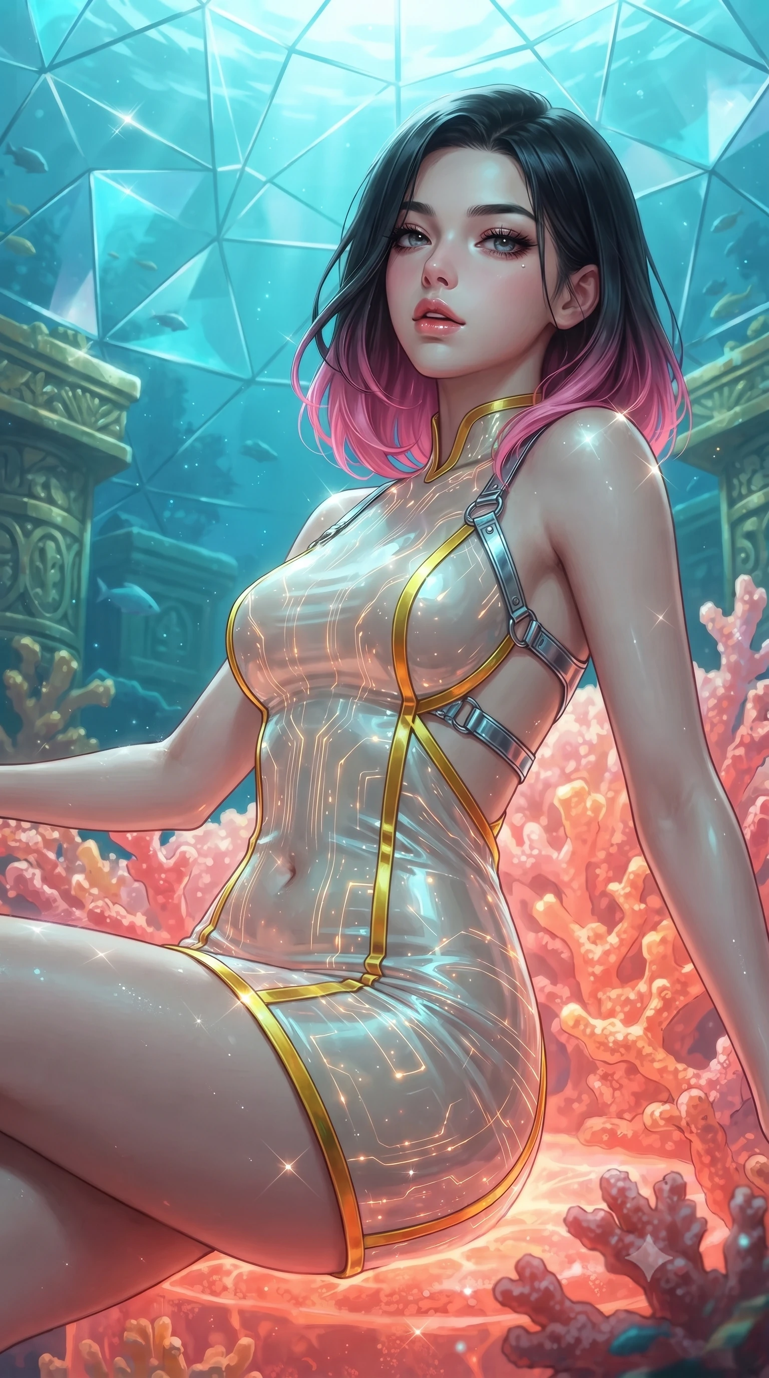 score_9, masterpiece, best quality, ultra-detailed, high-budget anime keyframe, editorial fashion photography, tasteful artistic composition, Korean woman. close-up cowboy shot from the waist and thighs up, the character dominates the composition, filling the frame with her large presence. casting a slow, smoldering gaze beneath heavy lashes with parted glossy lips, her head slightly tilted in captivating self-assurance while reclining gracefully on a glowing coral throne inside an ancient sunken golden amphitheatre beneath an air-bubble dome. The surrounding environment is rendered in vivid detail and crisp panoramic clarity. crisp submerged architectural carvings, swimming sea-life silhouettes, and crystal dome facets in high clarity. She has an exceptionally elegant, slender, and willowy female figure with an ultra-slim waist, a gracefully sculpted slender torso, toned flat midriff, and a refined slim silhouette. sharp v-shaped jawline, high-bridge nose, intricate jewel-like eyes with depth, thick eyelashes, glossy lips with a natural sheen, flawlessly proportioned anatomical accuracy, strict slender model proportions, natural body alignment, perfectly sculpted long slender limbs, ultra-slim waistline, clean dynamic posture without body distortion. wearing a second-skin fashion-latex mini dress with a clean architectural front, featuring an open-back design that wraps around the sides of her waist, showcasing her slender silhouette in vibrant sunburst canary yellow and gold trim, tailored from semi-translucent cybernetic vinyl with glowing micro-filaments, reinforced by a sleek metallic chrome harness and delicate glowing micro-straps, the glove-like aerodynamic second-skin fit tightly clinging to her ultra-slender waist and athletic curves without adding bulk, accentuating her razor-sharp statuesque lines and slim hourglass silhouette. illuminated by soft turquoise ambient fill and sparkling specular highlights tracing her slender curves. ultra-reflective glossy finish, specular highlights, metallic sheen, high-contrast stereoscopic depth, volumetric dynamic lighting, 2k, ultra detail, master piece, 9:16 ratio