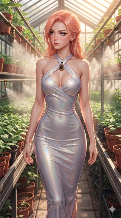Japanese woman. twisting her slender torso in a deep contrapposto stance, hips dramatically shifted to accentuate her feminine curves while looking past her shoulder with smoldering bedroom-eyes while stepping slowly down the narrow aisle between green seedling flats with feline poise, hips swaying in an alluring rhythm. The surrounding...