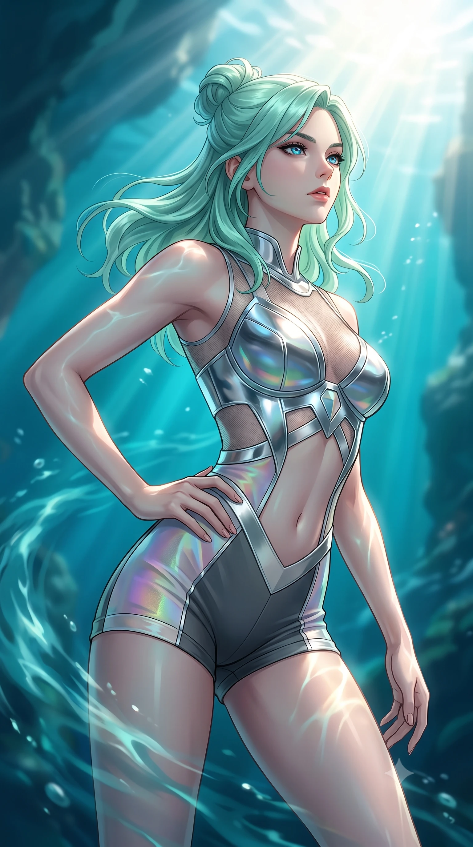 score_9, masterpiece, best quality, ultra-detailed, high-budget anime keyframe, editorial fashion photography, tasteful artistic composition, Japanese woman. close-up cowboy shot from the waist and thighs up, the character dominates the composition, filling the frame with her large presence, background elements kept in soft focus. Holding a powerful dynamic pose with one hand on her hip and body angled dramatically toward the key light while swimming gracefully upward toward sunbeams penetrating a deep turquoise ocean rift, swirling ocean currents casting fluid motion patterns across her form. She has an exceptionally elegant, slender, and willowy female figure with an ultra-slim waist, a gracefully sculpted slender torso, and a refined silhouette. sharp v-shaped jawline, high-bridge nose, intricate jewel-like eyes with depth, thick eyelashes, glossy lips with a natural sheen, flawlessly proportioned anatomical accuracy, natural body alignment, perfectly sculpted elegant limbs, clean dynamic posture without body distortion. wearing a chrome-plated structured bodice worn over a sheer mesh top and micro-shorts in charcoal grey and platinum, crafted from iridescent chiffon that shifts colors in the light, featuring subtle geometric cutouts that highlight her ultra-slim midriff, the sleek second-skin texture accentuating her magnetic presence. bathed in brilliant sun-drenched water rays and luminous turquoise caustic glow. highly saturated vibrant anime colors, detailed shading with soft gradients, rich glossy textures, high-contrast stereoscopic depth, volumetric dynamic lighting, master piece, 9:16 ratio