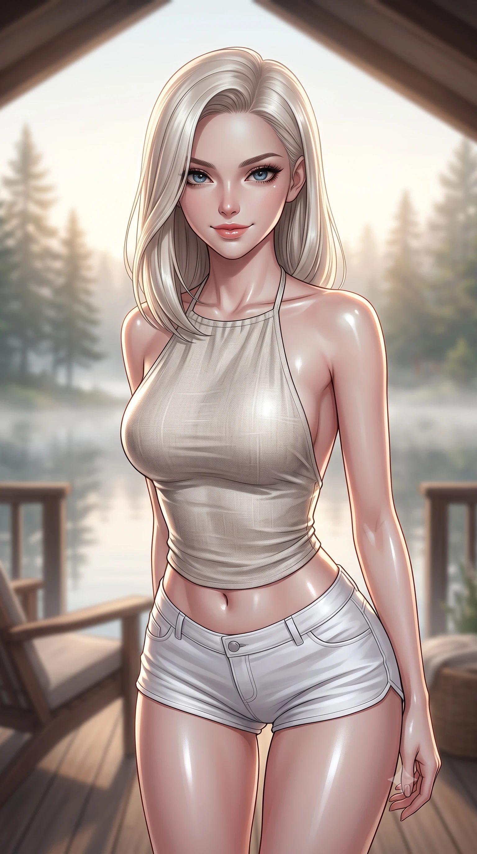 score_9, masterpiece, best quality, ultra-detailed, high-budget anime keyframe, editorial fashion photography, tasteful artistic composition, Caucasian woman. close-up cowboy shot from the waist and thighs up, the character dominates the composition, filling the frame with her large presence, background elements kept in soft focus. leaning slightly forward with a playful, teasing smile, her gaze locked onto the viewer the background shows a soft-focus a glamping veranda overlooking a misty lake at dawn with pine trees in soft focus. She has an exceptionally elegant, slender, and willowy female figure with an ultra-slim waist, a gracefully sculpted slender torso, and a refined silhouette. sharp v-shaped jawline, high-bridge nose, intricate jewel-like eyes with depth, thick eyelashes, glossy lips with a natural sheen. wearing a body-hugging stylish linen halter top with an open-back design, paired with white micro-shorts. soft morning mist diffusing the warm sunbeams, creating a tranquil atmosphere. ultra-reflective glossy finish, specular highlights, metallic sheen, high-contrast stereoscopic depth, volumetric dynamic lighting, 2k, ultra detail, master piece, 9:16 ratio