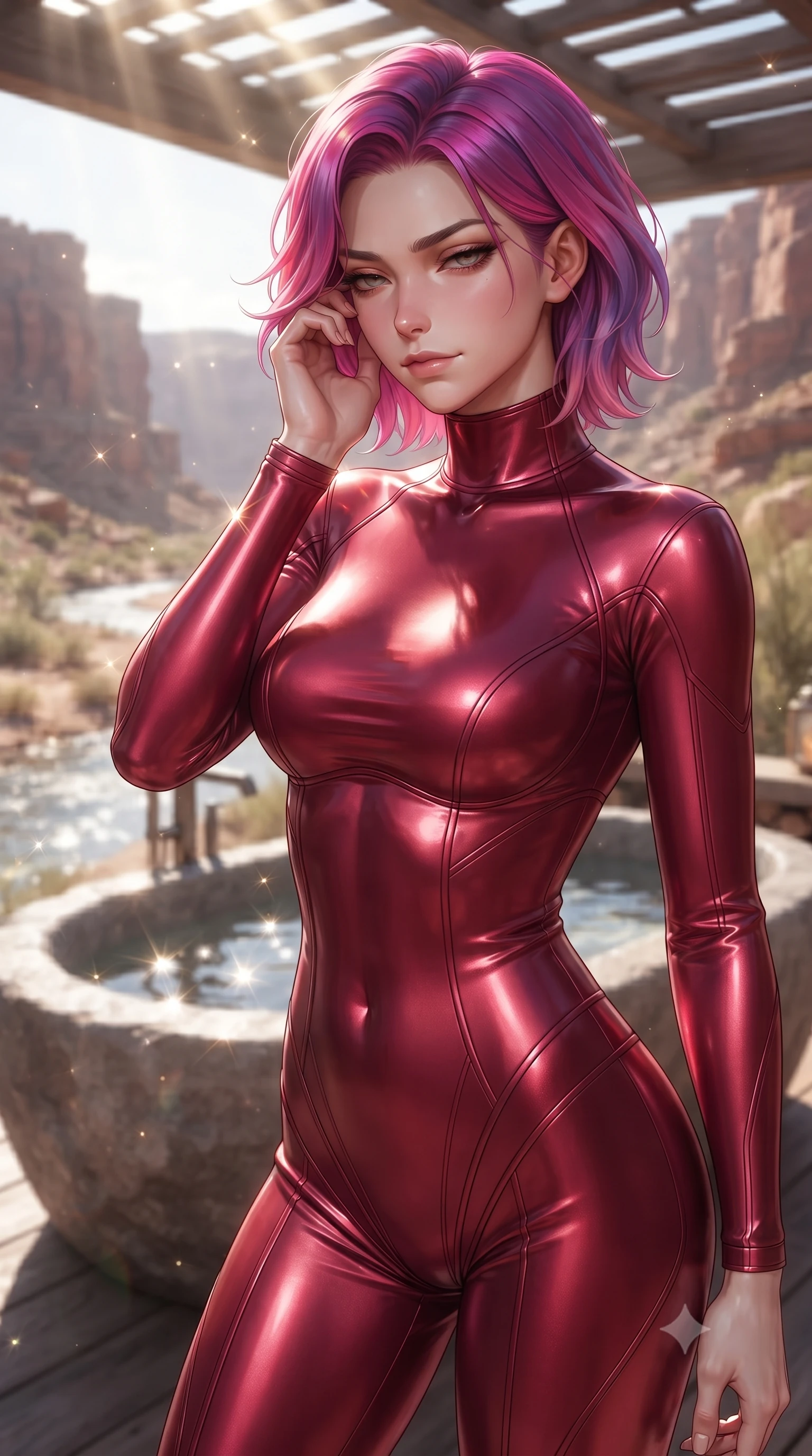 score_9, masterpiece, best quality, ultra-detailed, high-budget anime keyframe, editorial fashion photography, tasteful artistic composition, Caucasian woman. close-up cowboy shot from the waist and thighs up, the character dominates the composition, filling the frame with her large presence, background elements kept in soft focus. gently touching the side of her temple, casting a heavy-lidded, sultry look past the camera, the background shows a soft-focus a stone bath tub on a private deck overlooking a quiet desert oasis stream. She has an exceptionally elegant, slender, and willowy female figure with an ultra-slim waist, a gracefully sculpted slender torso, and a refined silhouette. sharp v-shaped jawline, high-bridge nose, intricate jewel-like eyes with depth, thick eyelashes, glossy lips with a natural sheen. wearing a tailored form-contouring high-neck bodycon suit in deep crimson, contouring her athletic build like a second skin. bright morning sun rays creating sparkling glints on the water and her form. ultra-reflective glossy finish, specular highlights, metallic sheen, high-contrast stereoscopic depth, volumetric dynamic lighting, 2k, ultra detail, master piece, 9:16 ratio