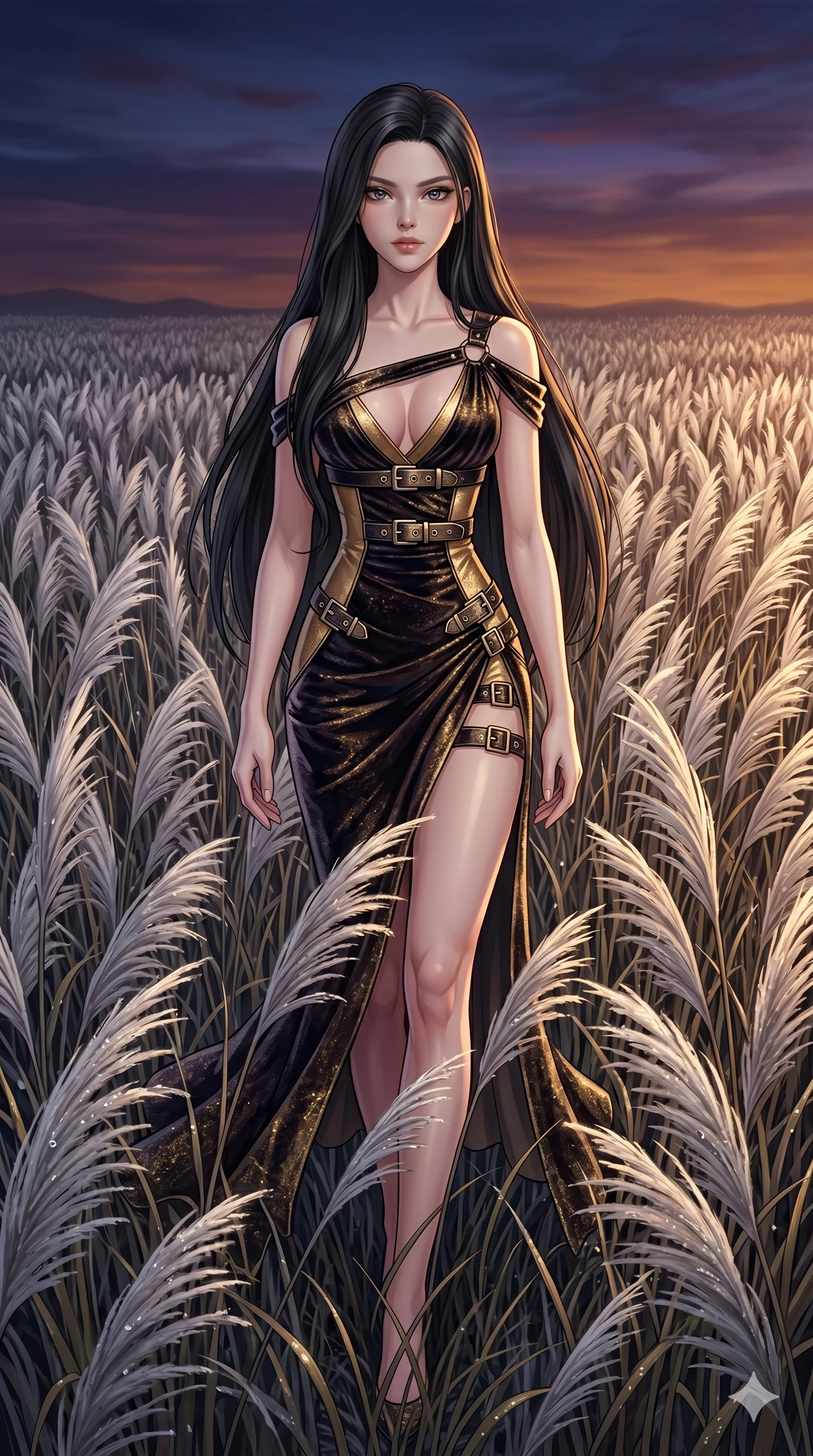 score_9, masterpiece, best quality, ultra-detailed, High-budget Anime Keyframe, East Asian woman. Dynamic full-body shot stretching the vertical silhouette to the limit. Scenario 148: Walking through a field of tall silver grass at twilight. Her presence is magnetic and overpowering in this high-budget anime scene. Outfit 148: A crushed dark velvet gold with a low-cut shoulder and metallic buckles. The clothing is designed to emphasize her exceptionally tall and slender 8-heads proportion. 8-heads proportion, towering silhouette, ultra-slim waist. sharp v-shaped jawline, intricate jewel-like eyes with depth, thick eyelashes, glossy lips. 2k, ultra detail, master piece, 9:16 ratio