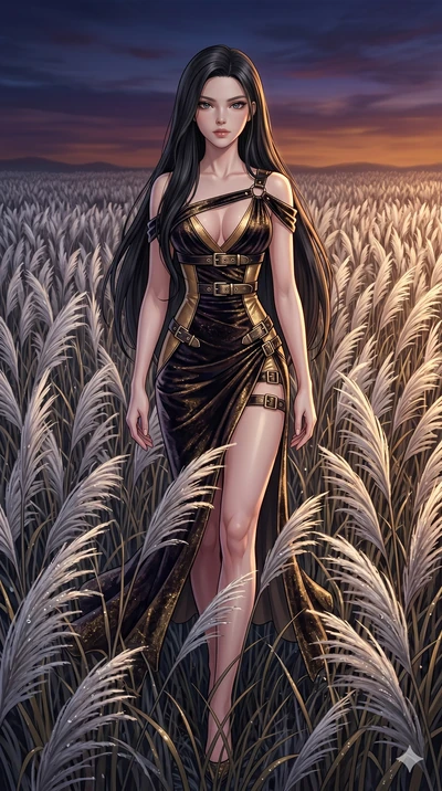 score_9, masterpiece, best quality, ultra-detailed, High-budget Anime Keyframe, East Asian woman. Dynamic full-body shot stretching the vertical silhouette to the limit. Scenario 148: Walking through a field of tall silver grass at twilight. Her pres