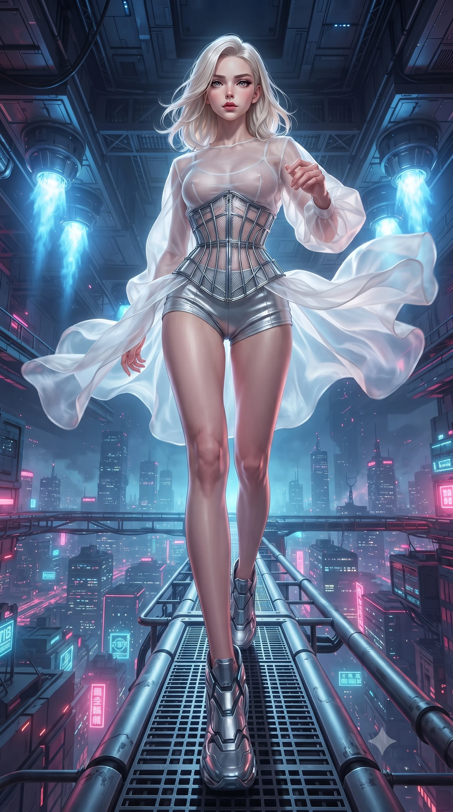 score_9, masterpiece, best quality, ultra-detailed, high-budget anime keyframe, editorial fashion photography, tasteful artistic composition, realistic cosplay photography, Caucasian woman, strictly human ears. low angle full-body shot from head to toe showing her feet, filling the entire 9:16 vertical frame with her statuesque presence, stretching her vertical silhouette. dashing forward aggressively along a narrow pipe high above the neon city grid through a maintenance deck near the main engines, blue plasma exhaust glowing brightly in the background. She has a statuesque 8.5-heads proportion, an exceptionally tall, slender and willowy model-like build with impossibly long legs and a highly sculpted ultra-slim waist. sharp v-shaped jawline, high-bridge nose, intricate jewel-like eyes with depth, thick eyelashes, glossy lips with a natural sheen. wearing the lightweight fabric rippling and billowing dramatically with her movement, a form-contouring sheer white organza crop top revealing her silhouette, paired with a structured wireframe steel corset and silver micro-shorts. soft glowing ambient light with sharp side key light tracing the sleek contours of her figure. ultra-reflective glossy finish, specular highlights, metallic sheen, high-contrast stereoscopic depth, volumetric dynamic lighting, 2k, ultra detail, master piece, 9:16 ratio