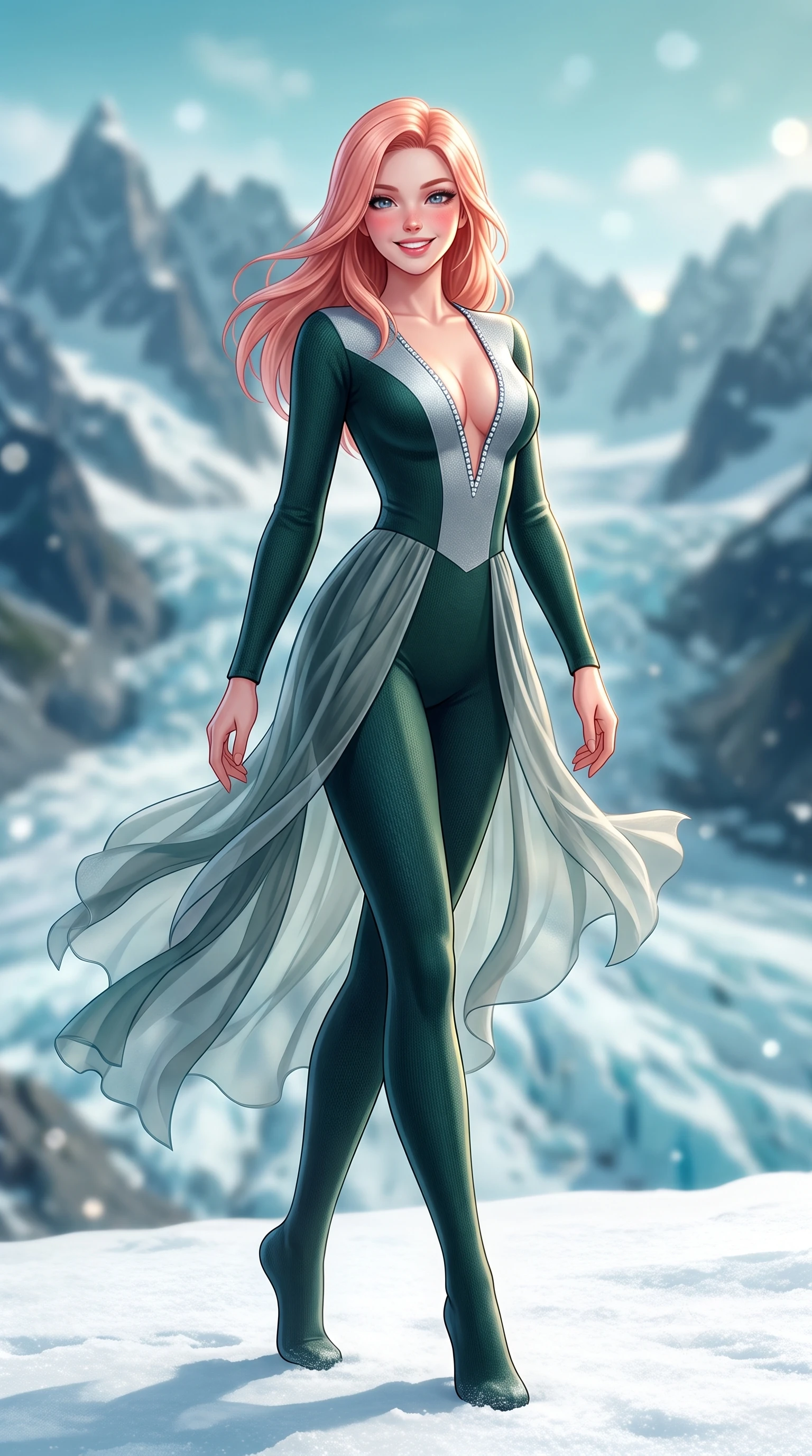 score_9, masterpiece, best quality, ultra-detailed, high-budget anime keyframe, semi-realistic 3D game render, editorial fashion photography, tasteful artistic composition, Japanese woman. low angle full-body shot from head to toe showing her feet, filling the entire 9:16 vertical frame with her statuesque presence, stretching her vertical silhouette. stepping forward gracefully across the snow terrace in mid-motion with a radiant beaming smile, hips swaying in an alluring kinetic rhythm that accentuates her curvy hourglass silhouette and long slender legs while twisting her slender torso in an alluring contrapposto stance, mountain breezes fluttering her luxurious knitwear around her slender legs and hips. The composition keeps background elements in soft focus with dreamy creamy bokeh. the colossal Victoria Glacier and jagged snow-covered Rocky Mountains blurred into aquamarine, slate blue, and sparkling diamond bokeh. She has an exceptionally tall and slender model-like 8.5-heads proportion, an ultra-slim waist, a flat toned midriff, narrow delicate ribcage, and beautifully sculpted feminine hips creating a graceful, slim hourglass silhouette without any bulky heaviness, with impossibly long slender legs. sharp v-shaped jawline, high-bridge nose, sparkling ice-crystal eyes with depth, frosty thick lashes, glossy parted lips with a rosy berry sheen, bright playful smile with an intoxicating seductive glint, rosy flushed cheeks radiating cozy warmth and dangerous allure, flawlessly proportioned anatomical accuracy, strict slender model proportions, natural body alignment, perfectly sculpted long slender limbs, ultra-slim waistline, clean dynamic posture without body distortion. wearing a form-fitting thermal catsuit in silver-sheen jersey accentuating her hourglass curves in deep spruce green and frosted silver, woven from layered gossamer chiffon with ethereal weightless flutter, finished with subtle crystal rhinestones lining the plunging neckline, the glove-like silhouette tightly following the natural contour of her hips and long slender legs with youthful 8.5-heads elegance. illuminated by ice sheet bounce fill and sharp icy-gold rim lighting defining her sculpted collarbones, ultra-slim waist, and curvy hips. highly saturated vibrant anime colors, detailed shading with soft gradients, rich glossy textures, high-contrast stereoscopic depth, volumetric dynamic lighting, master piece, 9:16 ratio