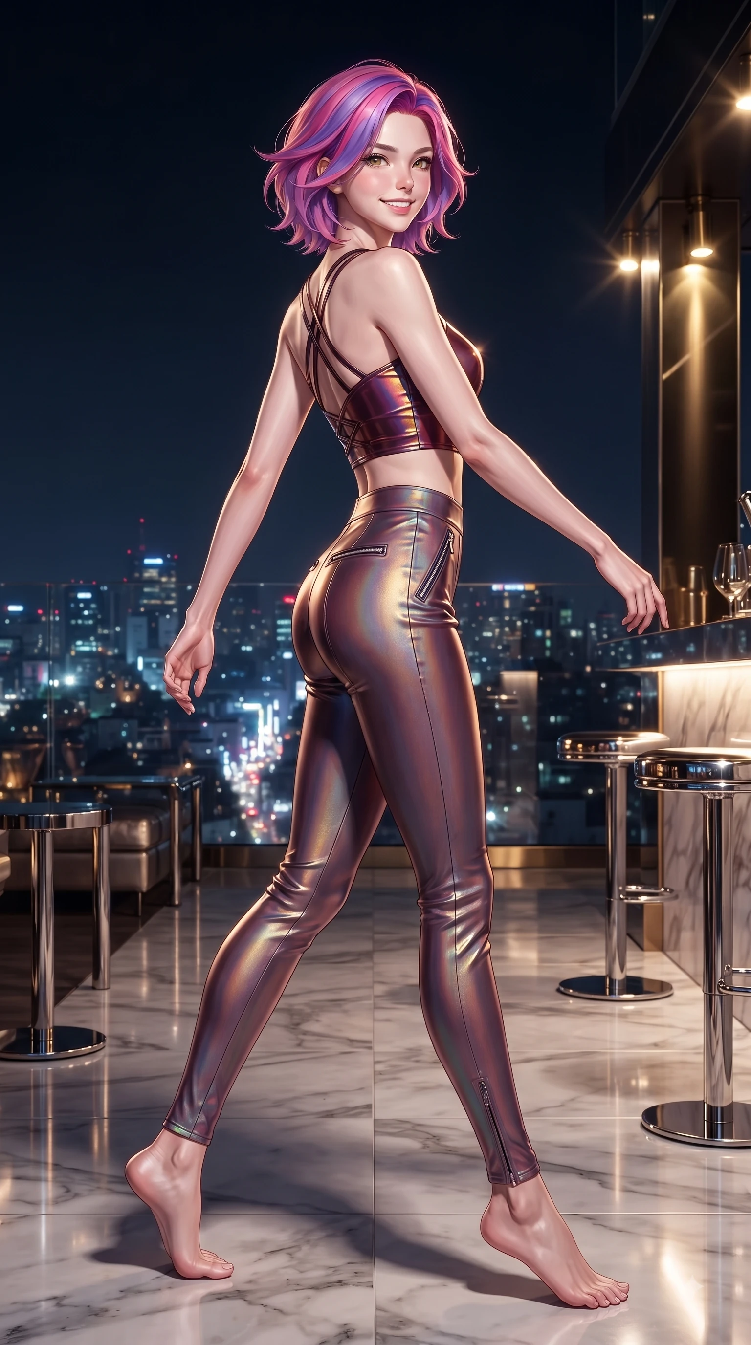 score_9, masterpiece, best quality, ultra-detailed, high-budget anime keyframe, editorial fashion photography, tasteful artistic composition, Caucasian woman. low angle full-body shot from head to toe showing her feet, filling the entire 9:16 vertical frame with her statuesque presence, stretching her vertical silhouette. forging dynamically through the scene with a fresh infectious smile, her ultra-slim waist creating a sweeping curve while pivoting dynamically on a open-air Itaewon rooftop lounge as city night lights twinkle below, sleek chrome fixtures and polished marble floors reflecting crisp editorial key lights. She has an absolutely perfect, statuesque 8.5-heads proportion, an exceptionally tall and slender model-like female figure with impossibly long slender legs and an ultra-slim waist. sharp v-shaped jawline, high-bridge nose, intricate jewel-like eyes with depth, thick eyelashes, glossy lips with a natural sheen, flawlessly proportioned anatomical accuracy, natural body alignment, perfectly sculpted elegant limbs, clean dynamic posture without body distortion. wearing a glossy vinyl crop top and high-waist tailored leggings with sleek zippers in deep burgundy and bronze, crafted from iridescent chiffon that shifts colors in the light, complemented by criss-cross back straps highlighting her bare shoulders, the glove-like fit emphasizing her statuesque silhouette during motion. bathed in dramatic high-contrast urban night lights and sleek golden spotlights. ultra-reflective glossy finish, specular highlights, metallic sheen, high-contrast stereoscopic depth, volumetric dynamic lighting, 2k, ultra detail, master piece, 9:16 ratio