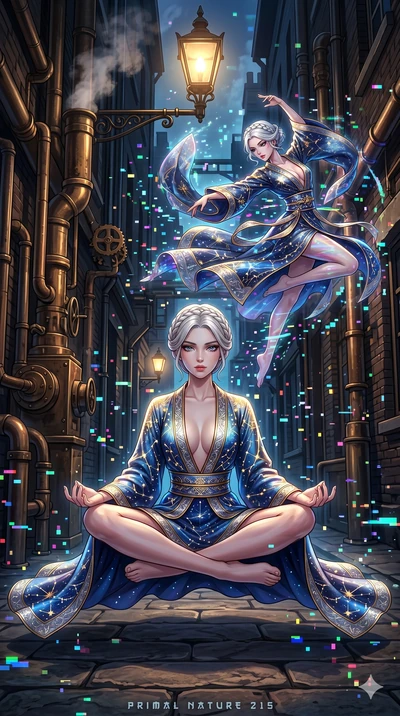 score_9, masterpiece, best quality, ultra-detailed, Set A: High-budget Anime Keyframe, Japanese woman. Low angle cowboy shot filling the entire 9:16 frame with her statuesque presence. Theme: Primal Nature. meditating in a steampunk London alleyway, 