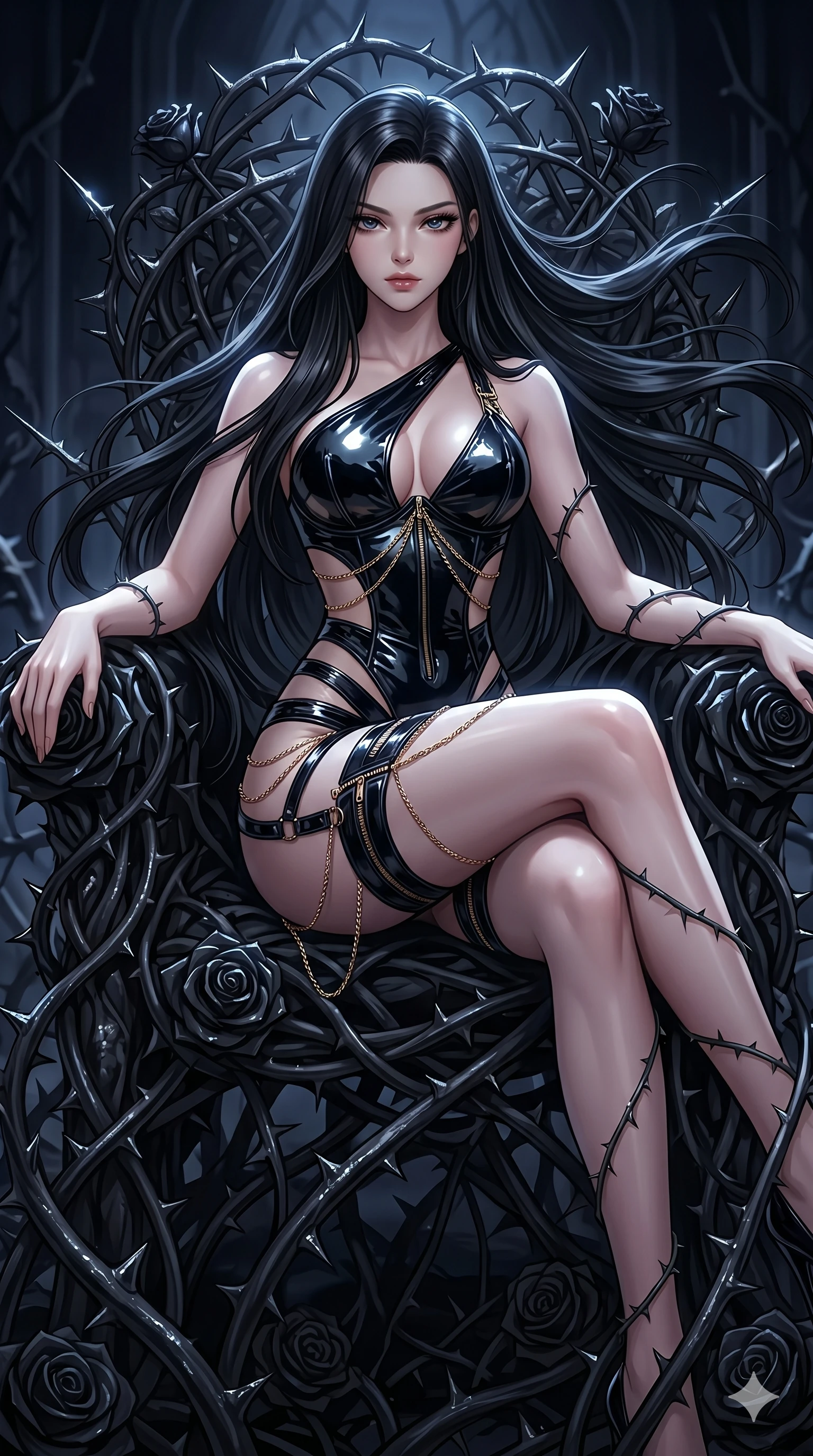 score_9, masterpiece, best quality, ultra-detailed, High-budget Anime Keyframe, East Asian woman. Dynamic full-body shot stretching the vertical silhouette to the limit. Scenario 150: Resting on a throne of black roses, thorns grazing her skin. Her presence is magnetic and overpowering in this high-budget anime scene. Outfit 150: A patent leather garter with a unzipped detail and fine gold chains. The clothing is designed to emphasize her exceptionally tall and slender 8-heads proportion. 8-heads proportion, towering silhouette, ultra-slim waist. sharp v-shaped jawline, intricate jewel-like eyes with depth, thick eyelashes, glossy lips. 2k, ultra detail, master piece, 9:16 ratio