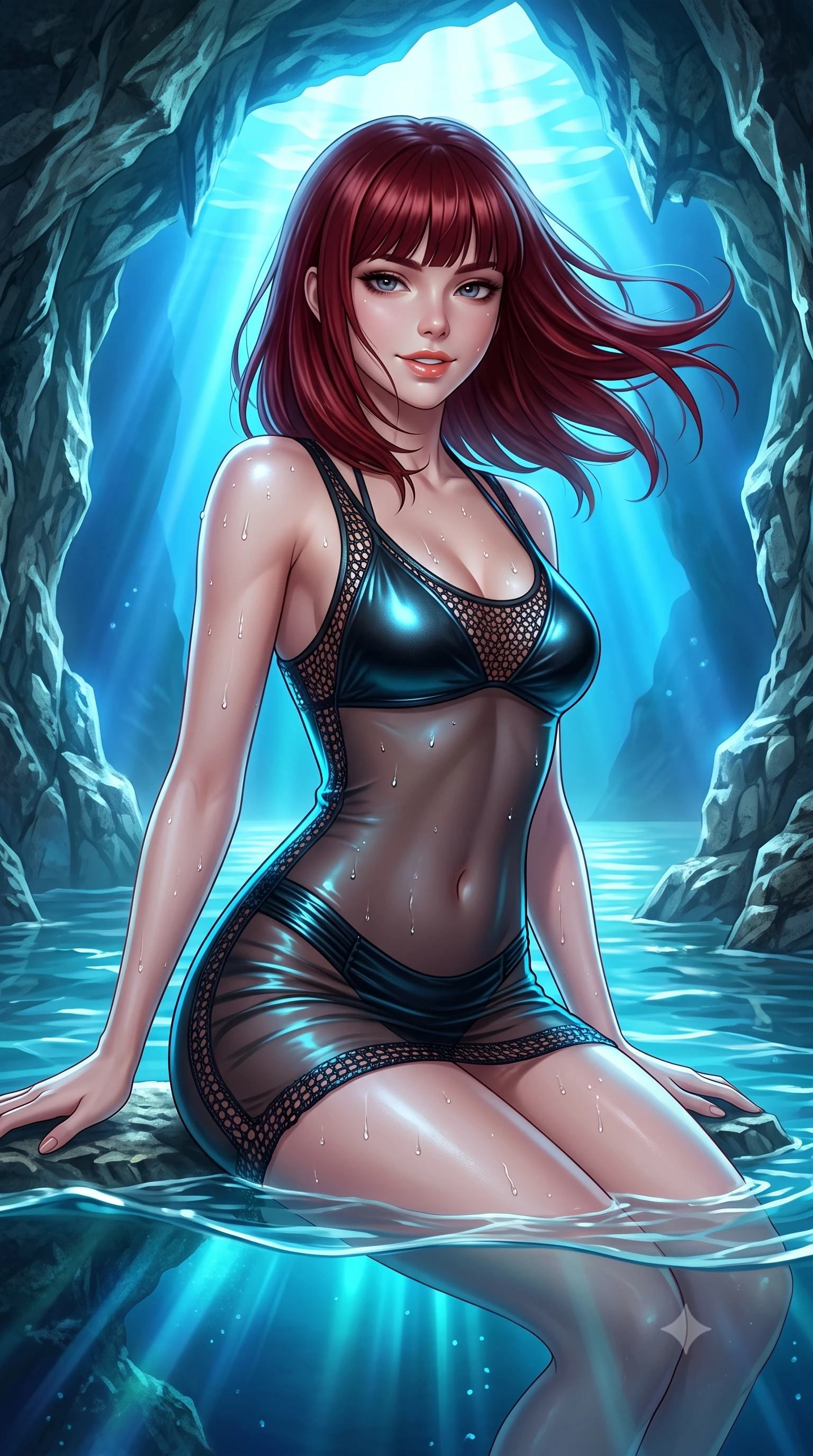 score_9, masterpiece, best quality, ultra-detailed, high-budget anime keyframe, semi-realistic 3D game render, editorial fashion photography, tasteful artistic composition, Caucasian woman. close-up cowboy shot from the waist and thighs up, the character dominates the composition, filling the frame with her large presence. turning slowly with an enchanting smoldering smile, her glossy hair tossing in the breeze as her hips angle gracefully in a captivating contrapposto while sitting on the submerged limestone rock ledge inside the luminous sea cave, arching her back with breathtaking sea-nymph siren grace. The surrounding environment is rendered in vivid detail and crisp panoramic clarity: sharp limestone cave wall texture, water surface meniscus clarity, and glowing underwater light beam refraction in deep focus. She has an exceptionally elegant, slender, and willowy female figure with an ultra-slim waist, flat toned midriff, narrow ribcage, and sculpted feminine hips creating an alluring, slim hourglass silhouette without bulk. sharp v-shaped jawline, high-bridge nose, sparkling eyes with hypnotic seductive depth, thick curled eyelashes, glossy parted lips with a natural dewy peach sheen, alluring bedroom-eyes with an enchanting coquettish smile, exuding magnetic siren charisma and sophisticated glamour, flawlessly proportioned anatomical accuracy, strict slender model proportions, natural body alignment, perfectly sculpted long slender limbs, ultra-slim waistline, clean dynamic posture without body distortion. wearing a delicate semi-sheer crochet knit beach slip dress worn over a metallic micro-bralette and ruched bikini briefs in wet-look onyx black with electric cyan reflections, crafted from smooth liquid-tight stretch jersey emphasizing every curve of her body, finished with glistening drops of seawater beading across her sculpted shoulders and flat midriff, the glove-like clinging cut tightly following the natural contour of her hips and long slender legs with youthful 8.5-heads elegance. bathed in ethereal glowing cobalt-and-cyan light radiating upward through the submerged cave opening. highly saturated vibrant anime colors, detailed shading with soft gradients, rich glossy textures, high-contrast stereoscopic depth, volumetric dynamic lighting, master piece, 9:16 ratio