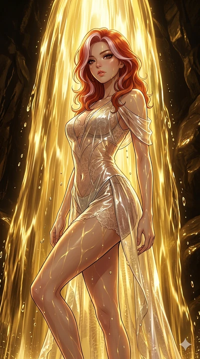 score_9, masterpiece, best quality, ultra-detailed, High-budget Anime Keyframe, East Asian woman. Low angle cowboy shot filling the entire 9:16 frame with her statuesque presence. Scenario 109: Standing under a waterfall of liquid gold, the artistic 