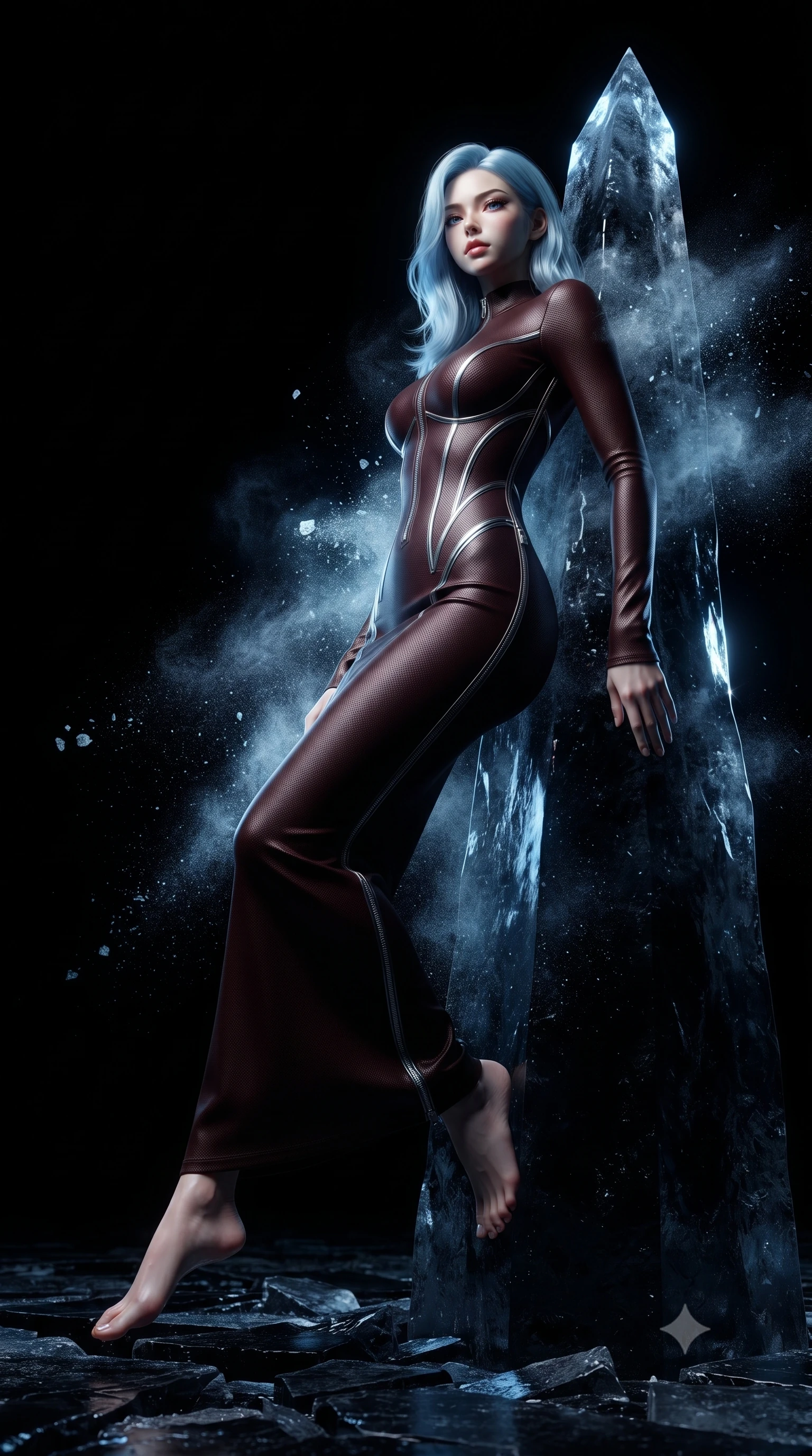 score_9, masterpiece, best quality, ultra-detailed, high-budget anime keyframe, editorial fashion photography, tasteful artistic composition, Korean woman. low angle full-body shot from head to toe showing her feet, filling the entire 9:16 vertical frame with her statuesque presence, stretching her vertical silhouette. leaping dynamically through the pitch-black void, her posture full of power and elegance, resting against a razor-sharp black ice column as frost dust drifts around her, fine frost particles scattering electric blue rim light into the dark air. She has an absolutely perfect, statuesque 8.5-heads proportion, an exceptionally tall and slender model-like female figure with impossibly long slender legs and an ultra-slim waist. sharp v-shaped jawline, high-bridge nose, intricate jewel-like eyes with depth, thick eyelashes, glossy lips with a natural sheen. wearing fitted liquid mercury jersey maxi dress hugging every curve in dark mahogany, made of matte carbon-fiber weave, finished with metallic silver boning and sleek zipper points, highlighting her statuesque proportions and ultra-slim waistline. lit by intense icy blue key light emerging from pitch-black glacial darkness. ultra-reflective glossy finish, specular highlights, metallic sheen, high-contrast stereoscopic depth, volumetric dynamic lighting, 2k, ultra detail, master piece, 9:16 ratio