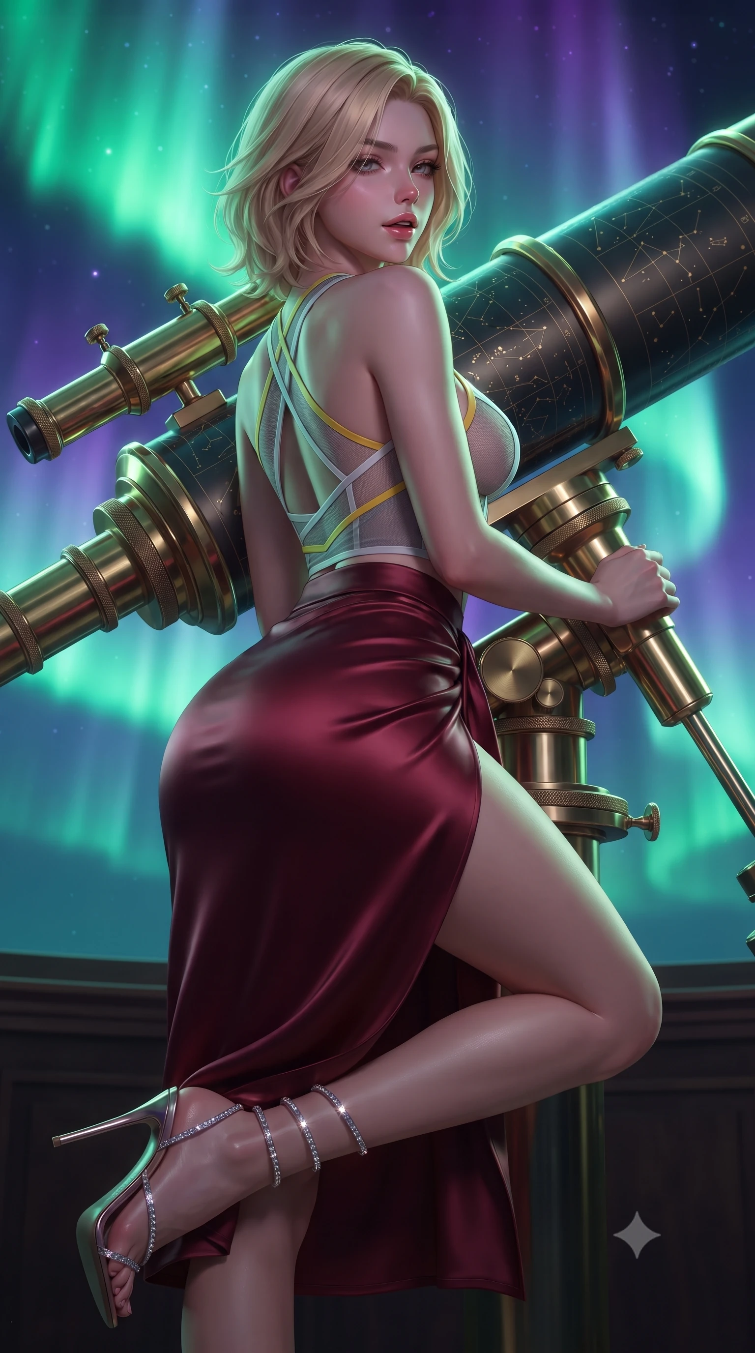 score_9, masterpiece, best quality, ultra-detailed, high-budget anime keyframe, editorial fashion photography, tasteful artistic composition, Caucasian woman. close-up cowboy shot from the waist and thighs up, the character dominates the composition, filling the frame with her large presence. posing in an alluring rear three-quarter angle, looking over a bare shoulder with parted glossy lips, her hips cocked back to highlight her slim hourglass curve while leaning against the brass telescope mounting with hips cocked back, looking back with an intoxicating, heavy-lidded gaze. The surrounding environment is rendered in vivid detail and crisp panoramic clarity: sharp polished brass telescope tube reflections, knurled adjustment knobs, and constellation chart engravings in deep focus. She has an exceptionally elegant, slender, and willowy female figure with an ultra-slim waist, flat toned midriff, narrow ribcage, and sculpted feminine hips creating an alluring, slim hourglass silhouette without bulk. sharp v-shaped jawline, high-bridge nose, sparkling eyes with hypnotic seductive depth, thick curled eyelashes, glossy parted lips with a natural dewy peach sheen, alluring bedroom-eyes with an enchanting coquettish smile, exuding magnetic siren charisma and sophisticated glamour, flawlessly proportioned anatomical accuracy, strict slender model proportions, natural body alignment, perfectly sculpted long slender limbs, ultra-slim waistline, clean dynamic posture without body distortion. wearing a high-waisted dark crimson satin wrap sarong skirt with hip-high slit paired with a plunging criss-cross halter corset in Bauhaus optic white and concrete grey with primary yellow accents, made of semi-opaque stretch illusion mesh with soft shadowy contours, complemented by strappy stiletto sandals with crystal ankle wraps accentuating her slender calves, the form-contouring silhouette accentuating her sculpted flat midriff, narrow delicate ribcage, and gracefully curvy hips with intoxicating allure. bathed in the glowing emerald and violet luminescence of the aurora borealis overhead. ultra-reflective glossy finish, specular highlights, rich textural contrasts, high-contrast stereoscopic depth, volumetric dynamic lighting, 2k, ultra detail, master piece, 9:16 ratio
