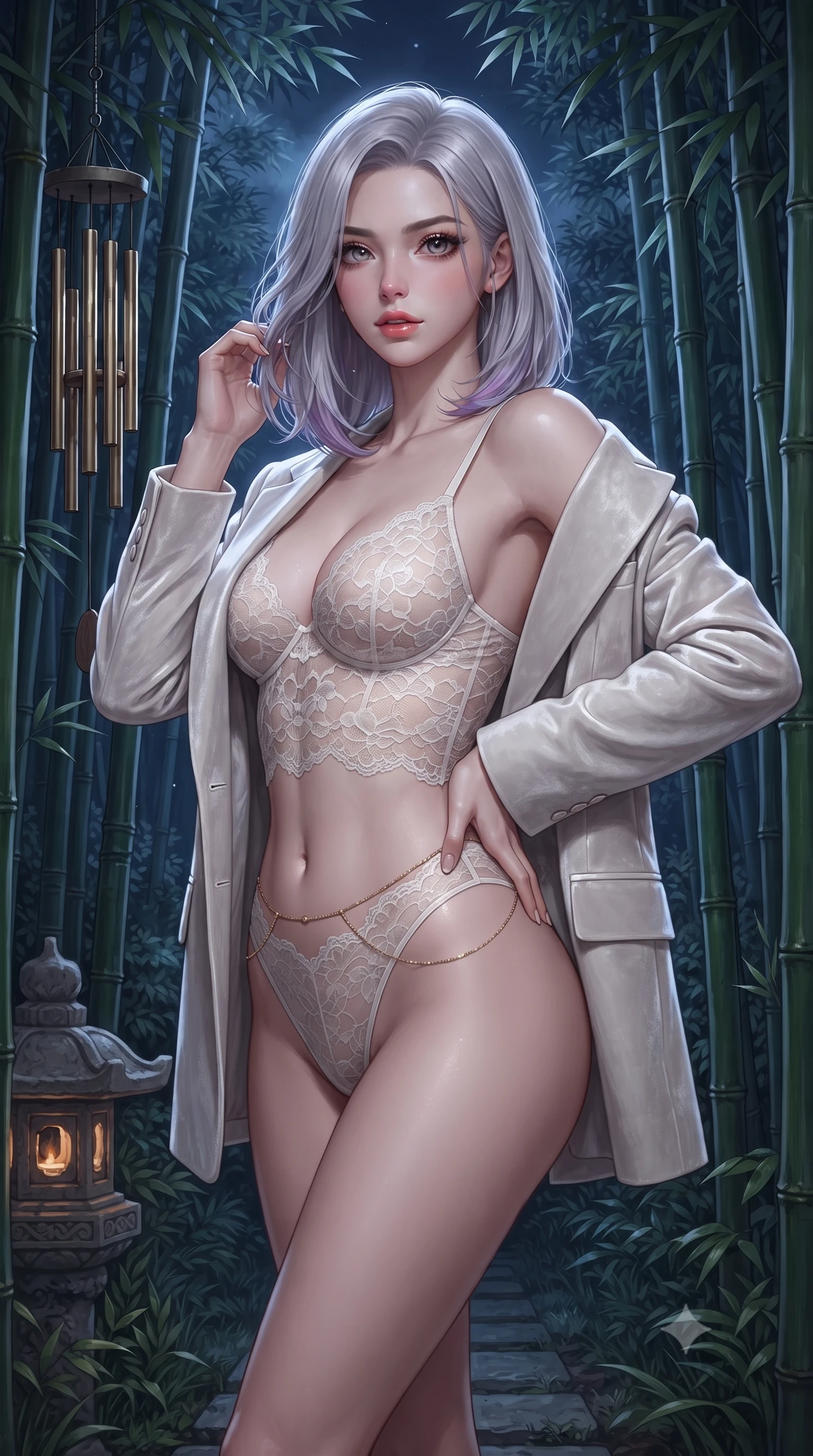 score_9, masterpiece, best quality, ultra-detailed, high-budget anime keyframe, editorial fashion photography, tasteful artistic composition, Caucasian woman. close-up cowboy shot from the waist and thighs up, the character dominates the composition, filling the frame with her large presence. twisting her slender torso in an alluring contrapposto stance, one hand resting on her sculpted hip while her fingers toy with her hair with effortless poise while standing poised between towering bamboo stalks with hips cocked back, arching her spine with seductive dancer grace under the midnight sky. The surrounding environment is rendered in vivid detail and crisp panoramic clarity: sharp bamboo node textures, hanging brass chime details, and stone lantern carving relief in deep focus. She has an exceptionally elegant, slender, and willowy female figure with an ultra-slim waist, flat toned midriff, narrow ribcage, and sculpted feminine hips creating an alluring, slim hourglass silhouette without bulk. sharp v-shaped jawline, high-bridge nose, sparkling eyes with hypnotic seductive depth, thick curled eyelashes, glossy parted lips with a natural dewy peach sheen, alluring bedroom-eyes with an enchanting coquettish smile, exuding magnetic siren charisma and sophisticated glamour, flawlessly proportioned anatomical accuracy, strict slender model proportions, natural body alignment, perfectly sculpted long slender limbs, ultra-slim waistline, clean dynamic posture without body distortion. wearing a delicate sheer floral lace teddy layered under an open tailored oversized blazer draped casually over bare shoulders in pure pearl alabaster with platinum sheen, tailored from ultra-plush velvet with rich tactile depth and deep shadow gradients, finished with a dainty gold belly chain resting across her flat midriff and curving hips, the second-skin tailored fabric adhering flawlessly to her sculpted flat midriff and slender torso, emphasizing her long leg lines and perfectly proportioned willowy build. bathed in cool moonlight filtering delicately through the dense bamboo canopy. ultra-reflective glossy finish, specular highlights, rich textural contrasts, high-contrast stereoscopic depth, volumetric dynamic lighting, 2k, ultra detail, master piece, 9:16 ratio