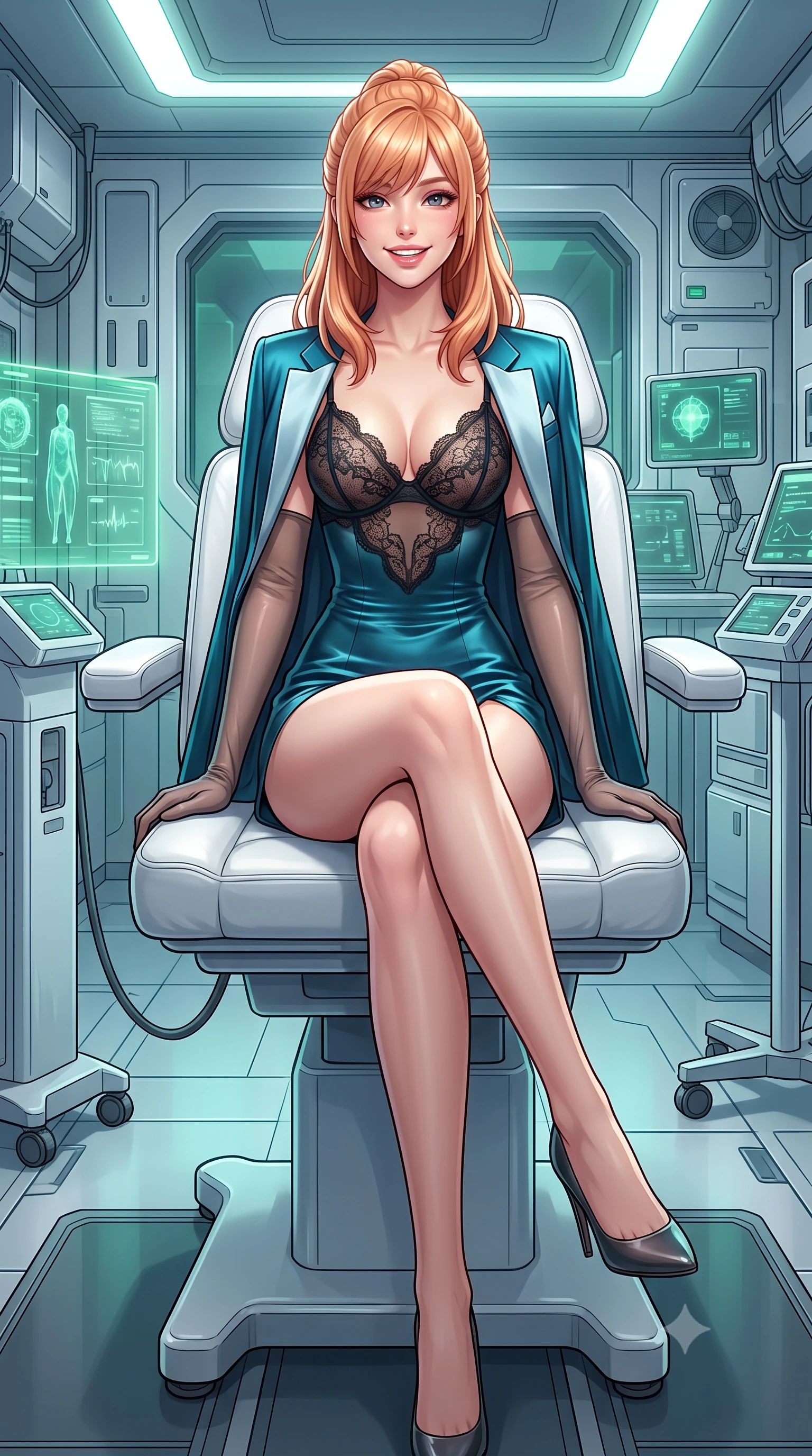 score_9, masterpiece, best quality, ultra-detailed, high-budget anime keyframe, semi-realistic 3D game render, editorial fashion photography, tasteful artistic composition, Caucasian woman. low angle full-body shot from head to toe showing her feet, filling the entire 9:16 vertical frame with her statuesque presence, stretching her vertical silhouette. stepping slowly toward the camera with hypnotic grace, hips swaying in an alluring sensual rhythm that accentuates her curvy hourglass silhouette and long slender legs while sitting gracefully on the sculpted white leather treatment chair with legs crossed, flashing a radiant, playful smile with parted glossy lips. The surrounding environment is rendered in vivid detail and crisp panoramic clarity: detailed tactical officer dress lines, glossy highlights, and world-class medical tech aesthetics in high resolution. She has an exceptionally tall and slender model-like 8.5-heads proportion, an ultra-slim waist, a flat toned midriff, narrow delicate ribcage, and beautifully sculpted feminine hips creating a graceful, slim hourglass silhouette without any bulky heaviness, with impossibly long slender legs. sharp v-shaped jawline, high-bridge nose, intricate jewel-like sparkling eyes with depth, thick eyelashes, glossy parted lips with a natural peach sheen, bright cheerful beaming smile with an enchanting and coquettish sensual glint, exuding both youthful cute charm and seductive allure, flawlessly proportioned anatomical accuracy, strict slender model proportions, natural body alignment, perfectly sculpted long slender limbs, ultra-slim waistline, clean dynamic posture without body distortion. wearing a delicate sheer French Chantilly lace teddy layered under an open tailored tactical combat blazer draped over bare shoulders in Europa abyssal turquoise and ice-shelf diamond, crafted from fluid liquid silk satin that clings smoothly to her narrow waist and rounded hips with a dewy sheen, complemented by sheer opera-length evening gloves tracing her slender arms, the precision-cut side openings and low-back scoop framing her graceful spine and the sensual sweep of her slim, toned hips. bathed in pristine 6000K clinical white light combined with soft emerald holographic ambient glow. highly saturated vibrant anime colors, detailed shading with soft gradients, rich glossy textures, high-contrast stereoscopic depth, volumetric dynamic lighting, master piece, 9:16 ratio