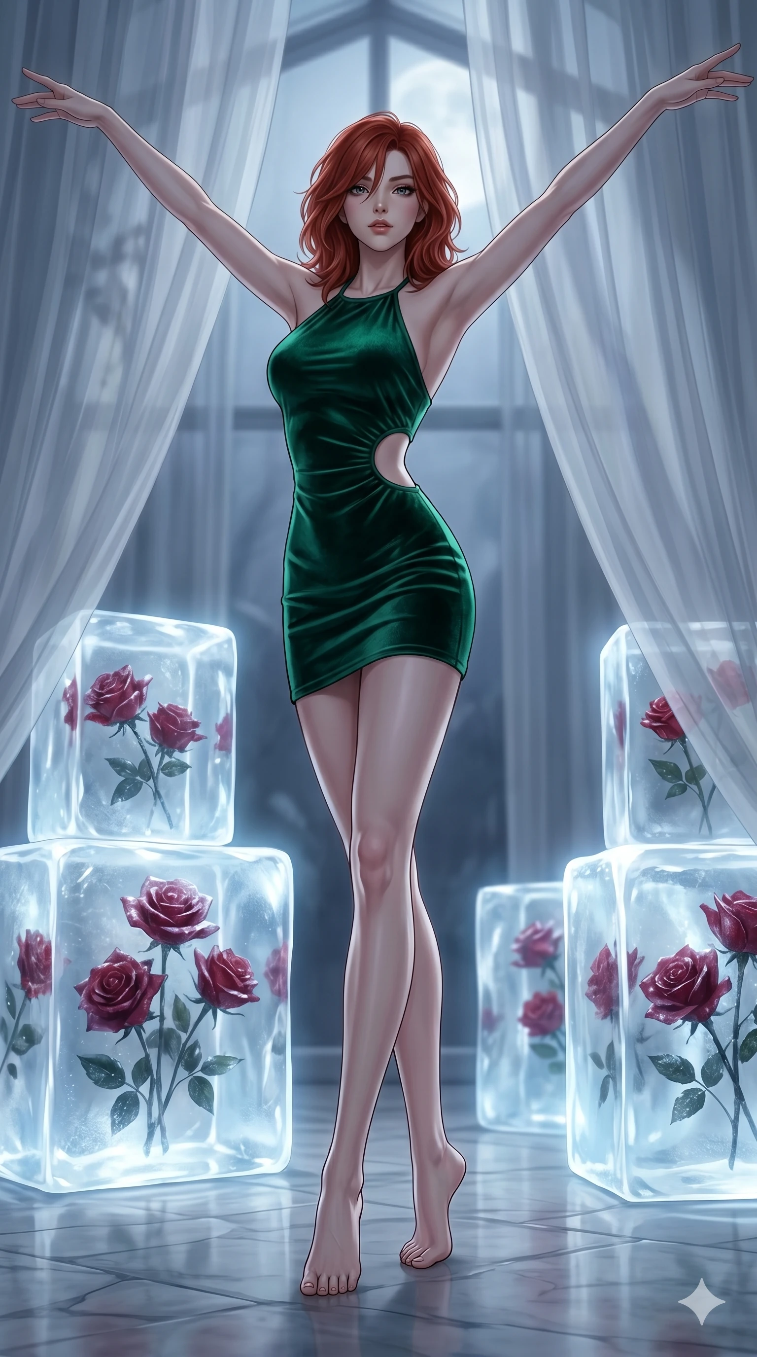 score_9, masterpiece, best quality, ultra-detailed, high-budget anime keyframe, editorial fashion photography, tasteful artistic composition, Korean woman. low angle full-body shot from head to toe showing her feet, filling the entire 9:16 vertical frame with her statuesque presence, stretching her vertical silhouette. Balancing with elegant poise on tiptoe with arms extended inside a winter greenhouse where roses are frozen in blocks of glowing ice. She has an absolutely perfect 8-heads proportion, an exceptionally tall and slender female figure with impossibly long slender legs and an ultra-slim waist. V-shaped jawline, high-bridge nose, intricate jewel-like eyes with depth, thick eyelashes, glossy lips with a natural sheen. wearing an emerald green velvet mini dress with a halter neckline, featuring a single circular cutout at the left side of the waist. bathed in cold silver moonlight filtered through translucent gossamer curtains casting soft shadows on her curves. 2k, ultra detail, master piece, 9:16 ratio