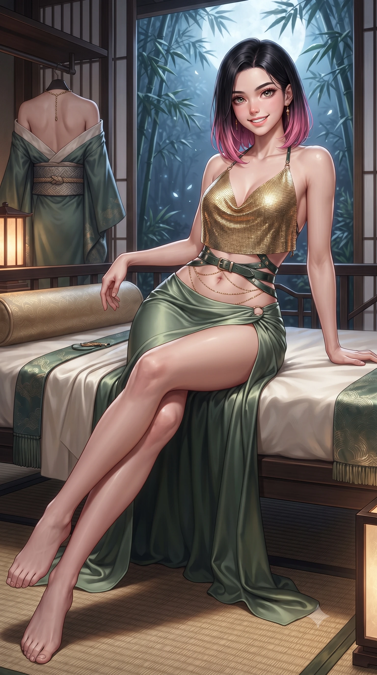 score_9, masterpiece, best quality, ultra-detailed, high-budget anime keyframe, editorial fashion photography, tasteful artistic composition, Korean woman. low angle full-body shot from head to toe showing her feet, filling the entire 9:16 vertical frame with her statuesque presence, stretching her vertical silhouette. lounging on the lavish daybed with legs crossed and hips angled toward the camera, displaying her toned midriff and long slender limbs with effortless siren poise while twisting her slender torso in an alluring S-curve, glistening hot spring droplets and silver moonlight tracing her flat midriff and hips. The surrounding environment is rendered in vivid detail and crisp panoramic clarity: detailed backless silk robe dress cling slipping off shoulders, obi belt texture, and master ryokan woodcraft in razor-sharp precision. She has an exceptionally tall and slender model-like 8.5-heads proportion, an ultra-slim waist, a flat toned midriff, narrow delicate ribcage, and beautifully sculpted feminine hips creating a graceful, slim hourglass silhouette without any bulky heaviness, with impossibly long slender legs. sharp v-shaped jawline, high-bridge nose, intricate jewel-like sparkling eyes with depth, thick eyelashes, glossy parted lips with a natural peach sheen, bright cheerful beaming smile with an enchanting and coquettish sensual glint, exuding both youthful cute charm and seductive allure, flawlessly proportioned anatomical accuracy, strict slender model proportions, natural body alignment, perfectly sculpted long slender limbs, ultra-slim waistline, clean dynamic posture without body distortion. wearing a shimmering liquid gold chainmail halter cowl top paired with a draped high-slit silk maxi skirt and waist harness in Lake Como cypress green and crisp ivory pearl, crafted from high-tensile reflective patent leather with sleek specular highlights, accented with a dainty gold belly chain resting across her flat midriff and curving hips, the glove-like clinging cut tightly following the natural contour of her hips and long slender legs with youthful 8.5-heads elegance. bathed in mystical cool silver moonlight filtering through swaying bamboo leaves combined with warm 2700K stone lantern glow. ultra-reflective glossy finish, specular highlights, rich textural contrasts, high-contrast stereoscopic depth, volumetric dynamic lighting, 2k, ultra detail, master piece, 9:16 ratio