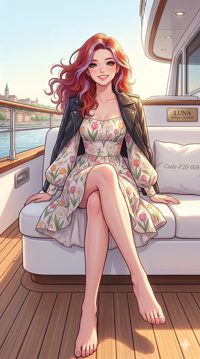 score_9, masterpiece, best quality, ultra-detailed, high-budget anime keyframe, vibrant anime aesthetic, Caucasian woman, strictly human ears. low angle full-body shot from head to toe showing her feet, filling the entire 9:16 vertical frame with her
