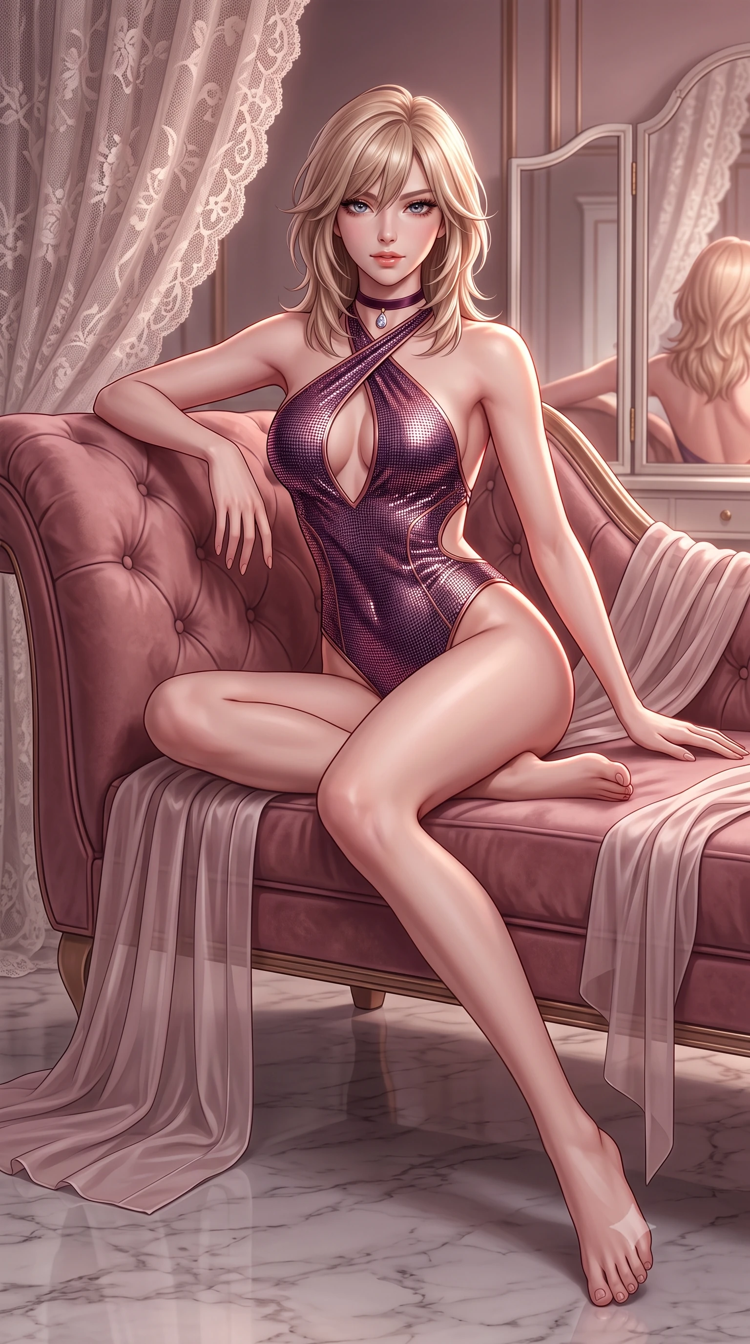score_9, masterpiece, best quality, ultra-detailed, high-budget anime keyframe, semi-realistic 3D game render, editorial fashion photography, tasteful artistic composition, Japanese woman. low angle full-body shot from head to toe showing her feet, filling the entire 9:16 vertical frame with her statuesque presence, stretching her vertical silhouette. lounging on the lavish daybed with legs crossed and hips angled toward the camera, displaying her toned midriff and long slender limbs with effortless siren poise while leaning back against the tufted dusty-rose velvet chaise with hips cocked back, looking directly into the camera with an irresistible bedroom-gaze. The surrounding environment is rendered in vivid detail and crisp panoramic clarity: detailed delicate French Chantilly lace teddy drape, sheer silk robe slipping off shoulders, and bespoke interior craft in razor-sharp precision. She has an absolutely perfect, statuesque 8.5-heads proportion, an exceptionally tall and slender model-like female figure with impossibly long slender legs, an ultra-slim waist, a flat toned midriff, narrow delicate ribcage, and beautifully sculpted feminine hips creating a graceful, slim hourglass silhouette without any bulky heaviness. sharp v-shaped jawline, high-bridge nose, sparkling eyes with hypnotic seductive depth, thick curled eyelashes, glossy parted lips with a natural dewy peach sheen, alluring bedroom-eyes with an enchanting coquettish smile, exuding magnetic siren charisma and sophisticated glamour, flawlessly proportioned anatomical accuracy, strict slender model proportions, natural body alignment, perfectly sculpted long slender limbs, ultra-slim waistline, clean dynamic posture without body distortion. wearing a criss-cross halterneck keyhole bodysuit with open back and sculpted waist darts in deep plum violet and rose gold, crafted from shimmering fluid chainmail mesh reflecting ambient lights, finished with a thin velvet ribbon choker and a single teardrop diamond pendant, the precision-cut side openings and low-back scoop framing her graceful spine and the sensual sweep of her slim, toned hips. illuminated by trifold mirror reflection bounce and sharp rose-gold rim lights defining her jawline, flat midriff, and voluptuous hip curves. highly saturated vibrant anime colors, detailed shading with soft gradients, rich glossy textures, high-contrast stereoscopic depth, volumetric dynamic lighting, master piece, 9:16 ratio