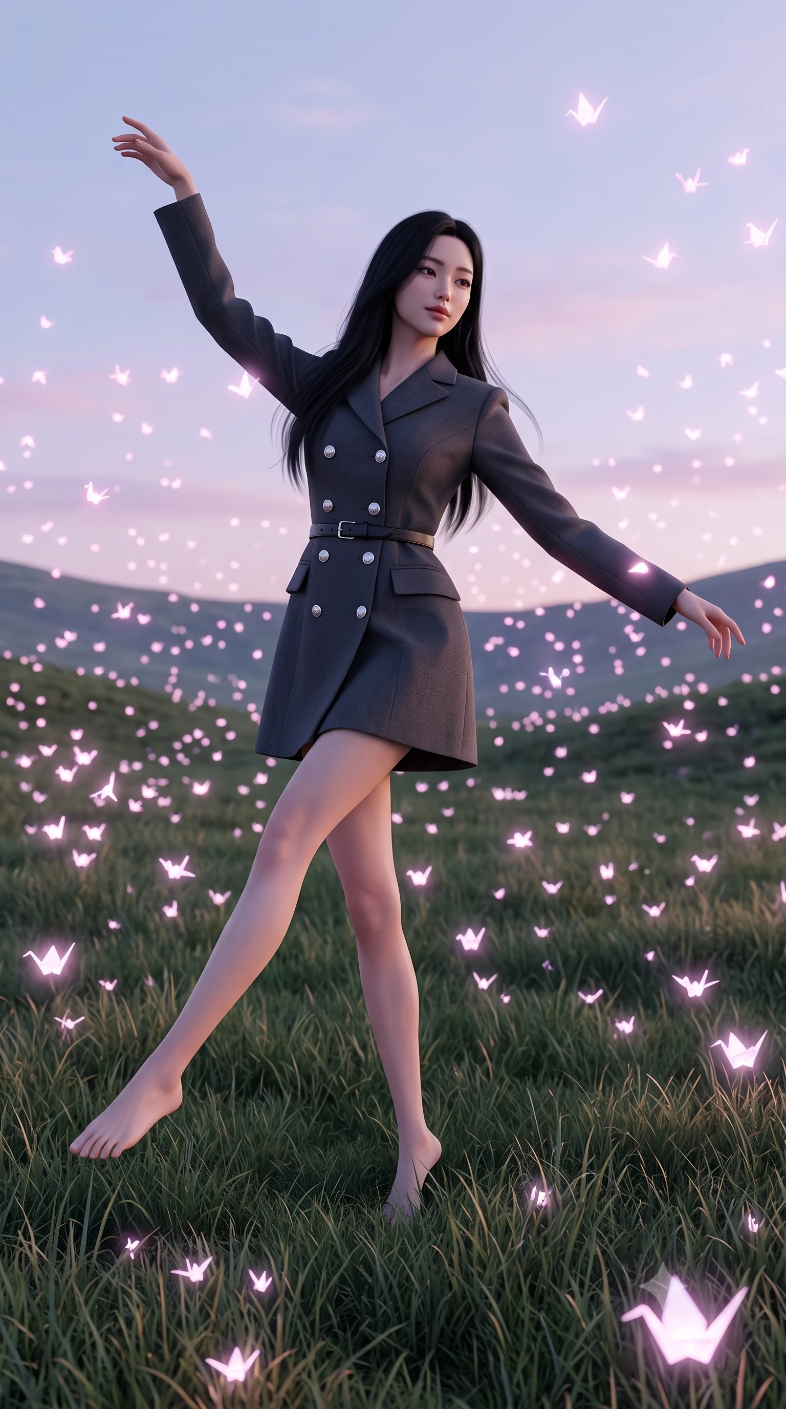 score_9, masterpiece, best quality, ultra-detailed, high-budget anime keyframe, editorial fashion photography, tasteful artistic composition, Korean woman. low angle full-body shot from head to toe showing her feet, filling the entire 9:16 vertical frame with her statuesque presence, stretching her vertical silhouette. dancing with weightless, happy grace through in a grassy valley under a pastel evening sky where thousands of glowing paper cranes migrate through the air like magical birds. She has a statuesque 8.5-heads proportion, an exceptionally tall, slender and willowy model-like build with impossibly long legs and a highly sculpted ultra-slim waist. sharp v-shaped jawline, high-bridge nose, intricate jewel-like eyes with depth, thick eyelashes, glossy lips with a natural sheen. wearing a double-breasted charcoal coat dress with silver buttons, styled with a slim black leather belt. soft pastel pink and lavender glow from the migrating paper cranes casting gentle points of light onto the landscape. 2k, ultra detail, master piece, 9:16 ratio