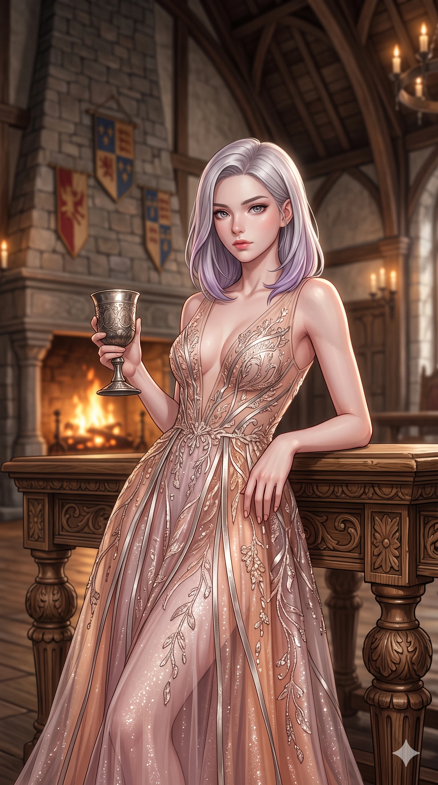 score_9, masterpiece, best quality, ultra-detailed, high-budget anime keyframe, semi-realistic 3D game render, editorial fashion photography, tasteful artistic composition, Caucasian woman. close-up cowboy shot from the waist and thighs up, the character dominates the composition, filling the frame with her large presence. tilting her chin up with proud, sovereign allure while gazing through thick eyelashes, one hand resting on her waist in pure supermodel charisma while leaning against the carved oak high-table with hips cocked back, toying with an antique silver goblet with smoldering anime bedroom-eyes. The composition keeps background elements in soft focus with creamy bokeh: towering carved stone mantelpiece with burning oak logs, ancient clan heraldic banners, and high vaulted timber rafters blurred into amber, charcoal, and burgundy bokeh. She has an exceptionally elegant, slender, and willowy female figure with an ultra-slim waist, flat toned midriff, narrow ribcage, and sculpted feminine hips creating an alluring, slim hourglass silhouette without bulk. sharp v-shaped jawline, high-bridge nose, intricate jewel-like eyes with depth, thick eyelashes, glossy parted lips with a natural sheen, intensely captivating and seductive bedroom-eyes expression, flawlessly proportioned anatomical accuracy, strict slender model proportions, natural body alignment, perfectly sculpted long slender limbs, ultra-slim waistline, clean dynamic posture without body distortion. wearing a plunge-front sheer illusion tulle slip dress with liquid platinum ribbon stripes hugging her curves in prismatic rose-quartz and alien peach, woven from structured carbon-fiber jacquard with rich textural depth, finished with criss-cross back satin straps highlighting her graceful shoulder blades, the high-slit wrap tailoring accentuating her ultra-slim waistline and the enchanting curve of her feminine hips with alluring seductive charm. highly saturated vibrant anime colors, detailed shading with soft gradients, rich glossy textures, master piece, 9:16 ratio. highly saturated vibrant anime colors, detailed shading with soft gradients, rich glossy textures, high-contrast stereoscopic depth, volumetric dynamic lighting, master piece, 9:16 ratio