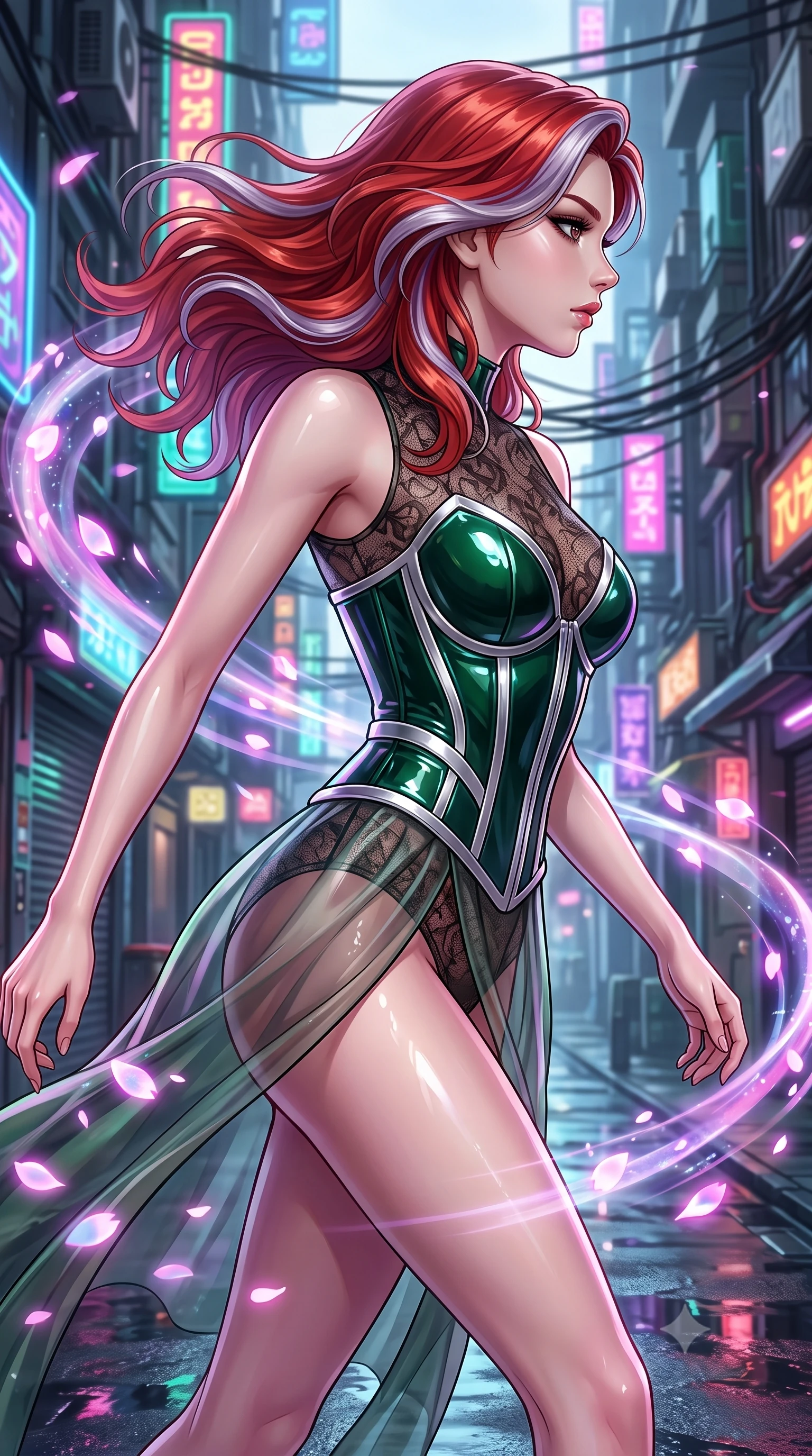 score_9, masterpiece, best quality, ultra-detailed, high-budget anime keyframe, editorial fashion photography, tasteful artistic composition, Caucasian woman. close-up cowboy shot from the waist and thighs up, the character dominates the composition, filling the frame with her large presence, background elements kept in soft focus. Turning her face in sharp profile while her upper body leans forward with poised athletic grace while forging forward through a cybernetic alleyway as holographic wind swirls around her, fluttering lightweight attire catching the high-altitude urban wind. She has an exceptionally elegant, slender, and willowy female figure with an ultra-slim waist, a gracefully sculpted slender torso, and a refined silhouette. sharp v-shaped jawline, high-bridge nose, intricate jewel-like eyes with depth, thick eyelashes, glossy lips with a natural sheen, flawlessly proportioned anatomical accuracy, natural body alignment, perfectly sculpted elegant limbs, clean dynamic posture without body distortion. wearing a sheer dark lace pattern bodysuit with structured corsetry boning in deep emerald green and silver accent, tailored from high-gloss patent leather, finished with a sleek side slit ascending to mid-thigh, the sleek second-skin texture accentuating her magnetic presence. illuminated by glowing holographic sakura radiance and wet specular reflections. highly saturated vibrant anime colors, detailed shading with soft gradients, rich glossy textures, high-contrast stereoscopic depth, volumetric dynamic lighting, master piece, 9:16 ratio