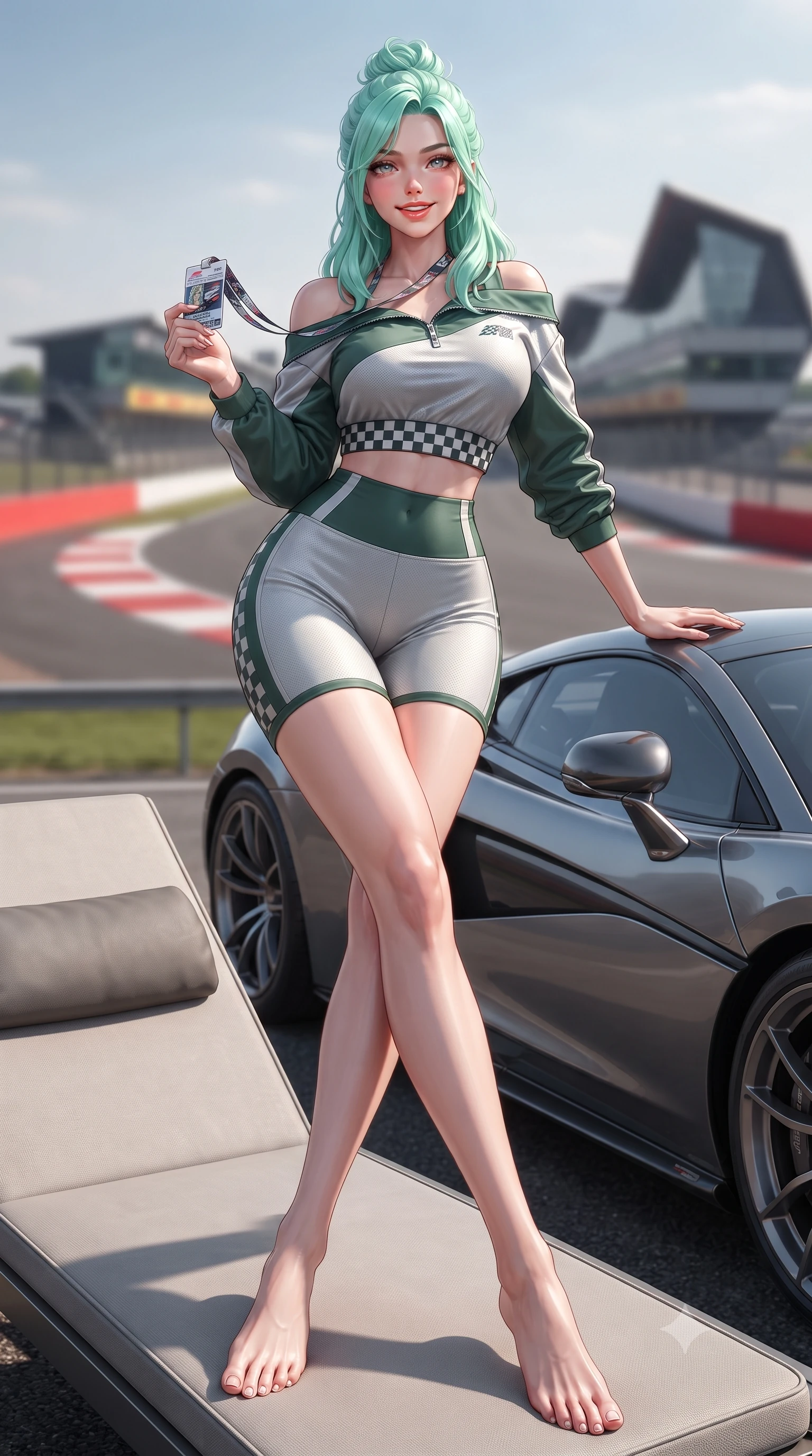 score_9, masterpiece, best quality, ultra-detailed, high-budget anime keyframe, editorial fashion photography, tasteful artistic composition, Japanese woman. low angle full-body shot from head to toe showing her feet, filling the entire 9:16 vertical frame with her statuesque presence, stretching her vertical silhouette. standing in a tall, confident posture with one hand on the sports car roof, stretching her statuesque body as she arches her lower back to emphasize her sculpted feminine hips and slender waist while lounging on a designer outdoor lounger propped on one elbow, holding a racing paddock pass while casting an alluring bedroom-gaze. The background shows a soft-focus the wide expanse of the legendary Silverstone circuit, red-and-white curbs, and modern wing-shaped pit complex blurred into scarlet, silver, and slate bokeh. She has an absolutely perfect, statuesque 8.5-heads proportion, an exceptionally tall and slender model-like female figure with impossibly long slender legs, an ultra-slim waist, a flat toned midriff, narrow delicate ribcage, and beautifully sculpted feminine hips creating a graceful, slim hourglass silhouette without any bulky heaviness. sharp v-shaped jawline, high-bridge nose, sparkling eyes with athletic focus and depth, thick curled eyelashes, glossy parted lips with a natural coral-peach sheen, bright confident and coquettish smile with alluring bedroom-eyes, exuding both youthful sporty vigor and sovereign high-society glamour, flawlessly proportioned anatomical accuracy, strict slender model proportions, natural body alignment, perfectly sculpted long slender limbs, ultra-slim waistline, clean dynamic posture without body distortion. wearing an asymmetric off-shoulder cropped windbreaker jacket paired with tight high-waisted biker shorts and a checkered waist sash in alpine silver platinum and forest green, made of second-skin technical compression piqué knit with moisture-wicking stretch, finished with contrasting racing stripe tape and subtle checkered flag embroidery, the liquid-tight tailored fabric clinging flawlessly to her narrow waist and rounded feminine hips, emphasizing every millimeter of her sculpted slim hourglass curves without any bulky heaviness. illuminated by terrace fill light and sharp silver rim lights sculpting her sculpted collarbones, ultra-slim waist, and curvy hips. ultra-reflective glossy finish, specular highlights, rich textural contrasts, high-contrast stereoscopic depth, volumetric dynamic lighting, 2k, ultra detail, master piece, 9:16 ratio