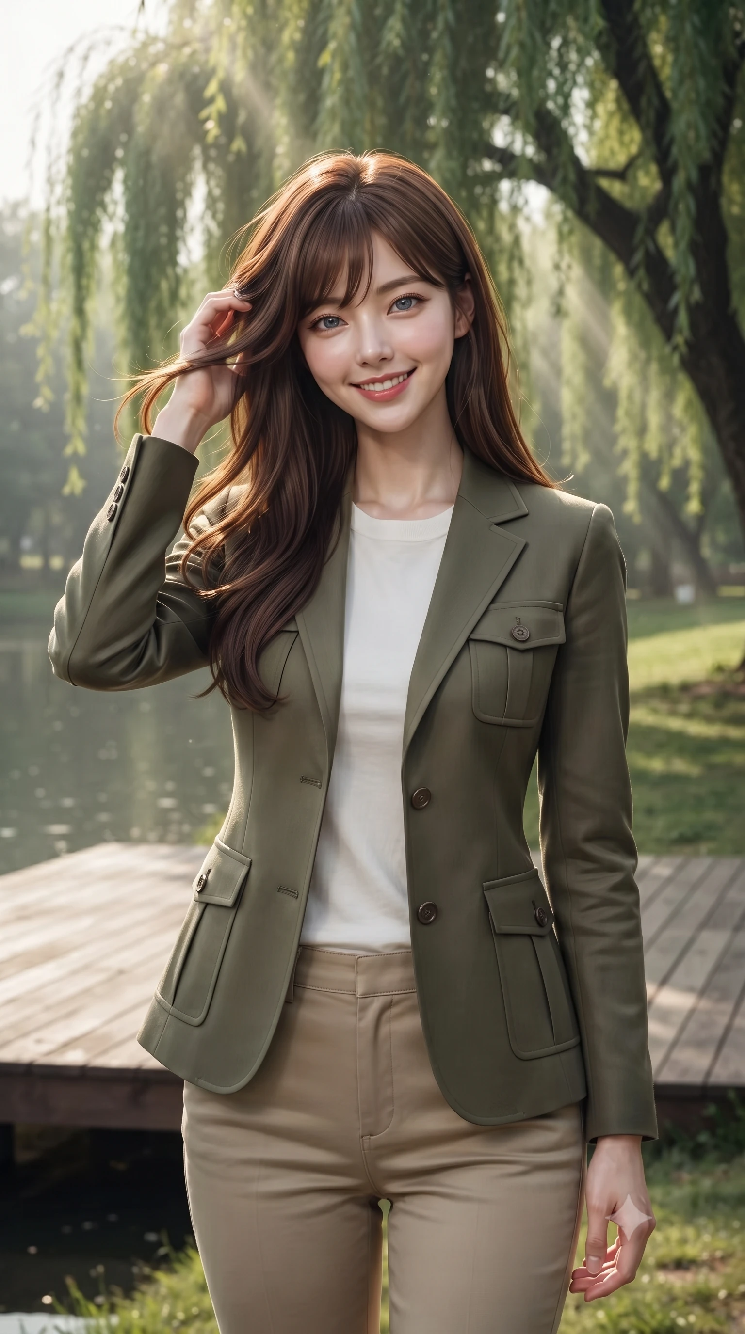 score_9, masterpiece, best quality, ultra-detailed, high-budget anime keyframe, editorial fashion photography, tasteful artistic composition, Korean woman woman. close-up cowboy shot from the waist and thighs up, the character dominates the composition, filling the frame with her large presence, background elements kept in soft focus. smiling with quiet, magnetic self-assurance directly into the camera, running a hand through her hair the background shows a soft-focus a wooden deck under a large weeping willow tree near a calm lake in a private park. She has an exceptionally elegant, slender, and willowy female figure with an ultra-slim waist, a gracefully sculpted slender torso, and a refined silhouette. sharp v-shaped jawline, high-bridge nose, intricate jewel-like eyes with depth, thick eyelashes, glossy lips with a natural sheen. wearing a slim-fit tailored olive green safari jacket over a white crewneck top and khaki pants. dappled sunbeams filtering through the willow leaves onto the grass. ultra-reflective glossy finish, specular highlights, metallic sheen, high-contrast stereoscopic depth, volumetric dynamic lighting, 2k, ultra detail, master piece, 9:16 ratio