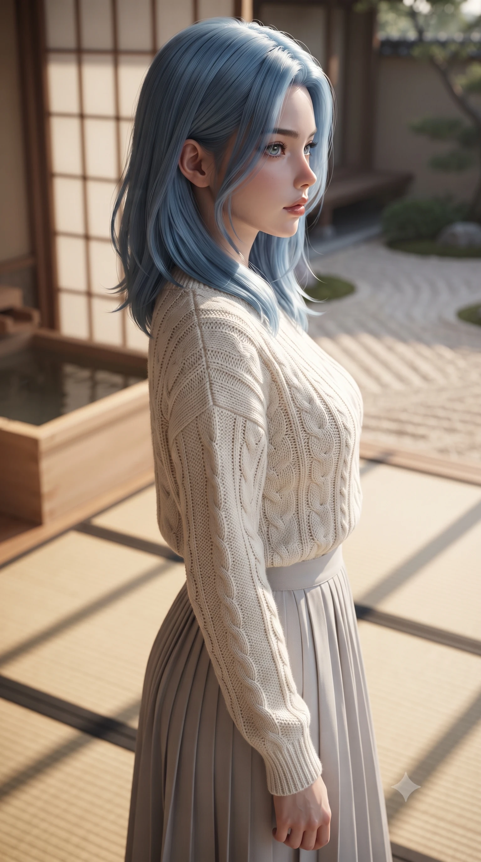 score_9, masterpiece, best quality, ultra-detailed, high-budget anime keyframe, editorial fashion photography, tasteful artistic composition, Korean woman. close-up cowboy shot from the waist and thighs up, the character dominates the composition, filling the frame with her large presence, background elements kept in soft focus. turning her face in sharp profile, casting a cold, mysterious, yet intensely alluring side gaze, the background shows a soft-focus a traditional ryokan cypress wood bath (hinoki) facing a sand gravel garden. She has an exceptionally elegant, slender, and willowy female figure with an ultra-slim waist, a gracefully sculpted slender torso, and a refined silhouette. sharp v-shaped jawline, high-bridge nose, intricate jewel-like eyes with depth, thick eyelashes, glossy lips with a natural sheen. wearing a form-contouring cozy cable-knit knit sweater in ivory wool, paired with a pleated light grey midi skirt. soft late afternoon sunrays casting long wooden grid shadows on the tatami. ultra-reflective glossy finish, specular highlights, metallic sheen, high-contrast stereoscopic depth, volumetric dynamic lighting, 2k, ultra detail, master piece, 9:16 ratio
