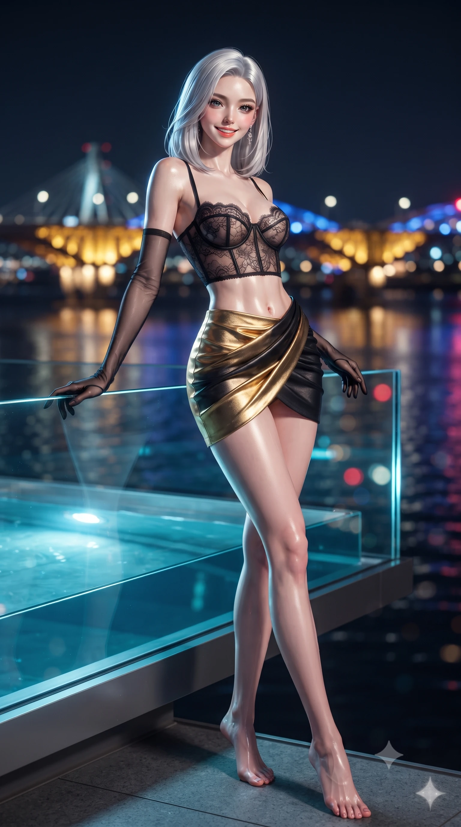 score_9, masterpiece, best quality, ultra-detailed, high-budget anime keyframe, editorial fashion photography, tasteful artistic composition, Korean woman. low angle full-body shot from head to toe showing her feet, filling the entire 9:16 vertical frame with her statuesque presence, stretching her vertical silhouette. reclining gracefully across the plush chaise lounge with one leg extended, her sculpted silhouette and flat midriff radiating magnetic nocturnal glamour while standing poised beside the cantilevered glass tub jutting over the Han River, arching her spine as illuminated bridges blaze in electric gold and sapphire. The background shows a soft-focus illuminated Olympic Bridge and Seongsu Bridge spans, flowing Han River waters, and dense Seoul skyline blurred into sapphire, gold, and ruby bokeh. She has an exceptionally tall and slender model-like 8.5-heads proportion, an ultra-slim waist, a flat toned midriff, narrow delicate ribcage, and beautifully sculpted feminine hips creating a graceful, slim hourglass silhouette without any bulky heaviness, with impossibly long slender legs. sharp v-shaped jawline, high-bridge nose, intricate jewel-like sparkling eyes with depth, thick eyelashes, glossy parted lips with a natural peach sheen, bright cheerful beaming smile with an enchanting and coquettish sensual glint, exuding both youthful cute charm and seductive allure, flawlessly proportioned anatomical accuracy, strict slender model proportions, natural body alignment, perfectly sculpted long slender limbs, ultra-slim waistline, clean dynamic posture without body distortion. wearing a sculpted underwire demi-bustier in semi-sheer lace paired with an ultra-short draped tulip skirt in Cheongdam modern noir black and molten gold, woven from buttery-soft stretch lambskin leather adhering to her body like a second skin, complemented by sheer opera-length evening gloves tracing her slender arms, the form-contouring silhouette accentuating her sculpted flat midriff, narrow delicate ribcage, and gracefully curvy hips with intoxicating allure. illuminated by tub edge LEDs and sharp platinum-cyan rim lights sculpting her razor-sharp jawline, narrow waist, and curvy hips. ultra-reflective glossy finish, specular highlights, rich textural contrasts, high-contrast stereoscopic depth, volumetric dynamic lighting, 2k, ultra detail, master piece, 9:16 ratio