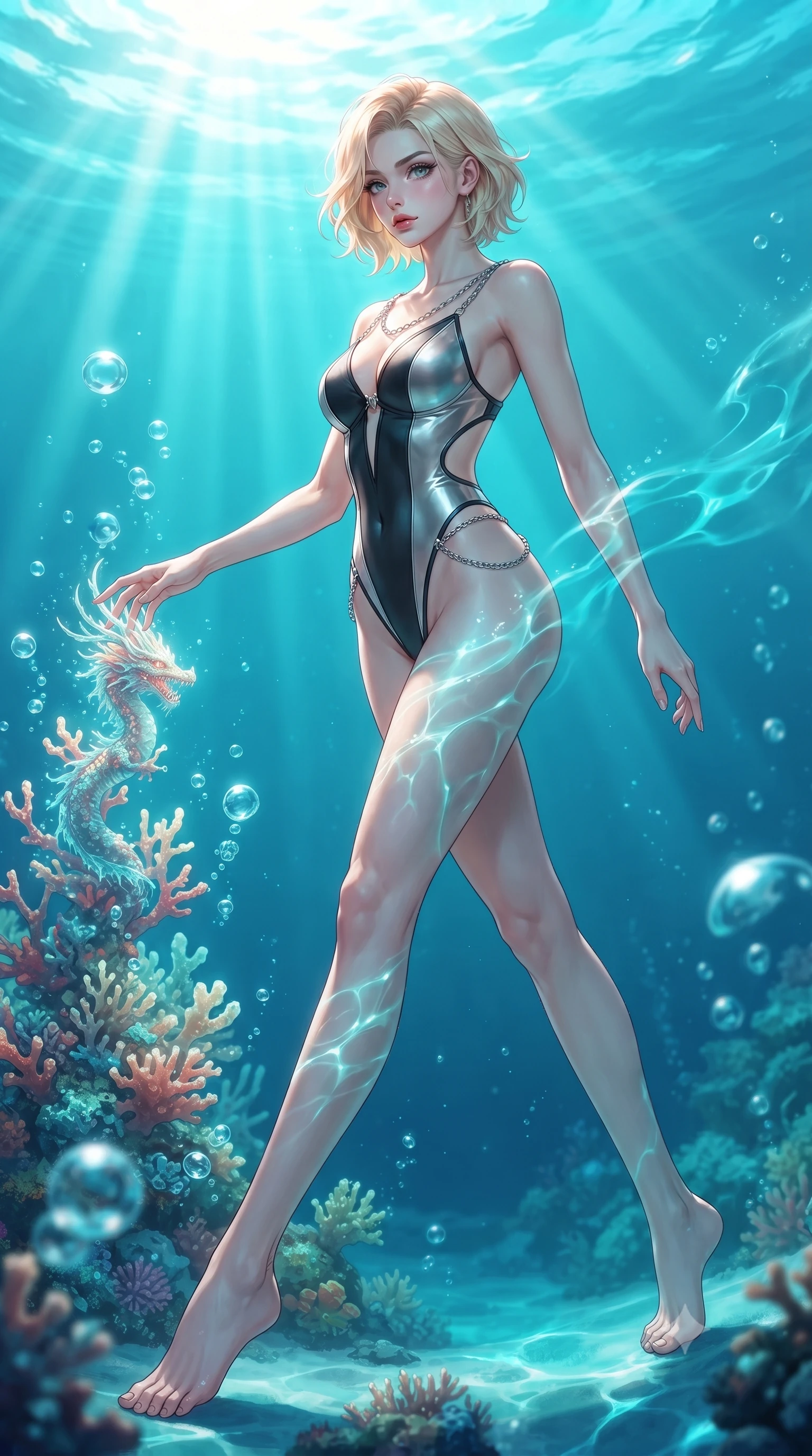 score_9, masterpiece, best quality, ultra-detailed, high-budget anime keyframe, editorial fashion photography, tasteful artistic composition, Caucasian woman. low angle full-body shot from head to toe showing her feet, filling the entire 9:16 vertical frame with her statuesque presence, stretching her vertical silhouette. stepping forward in a proud dynamic stride, her vertical silhouette filling the frame with statuesque presence while reaching her hand out to touch a glowing coral dragon spire surrounded by rising bubbles, swirling ocean currents casting fluid motion patterns across her form. She has an absolutely perfect, statuesque 8.5-heads proportion, an exceptionally tall and slender model-like female figure with impossibly long slender legs and an ultra-slim waist. sharp v-shaped jawline, high-bridge nose, intricate jewel-like eyes with depth, thick eyelashes, glossy lips with a natural sheen, flawlessly proportioned anatomical accuracy, natural body alignment, perfectly sculpted elegant limbs, clean dynamic posture without body distortion. wearing a high-cut translucent vinyl leotard with front paneling and open back in matte black and polished silver, formed from sleek second-skin neoprene, adorned with delicate metallic chain straps along the neckline, the sleek second-skin texture accentuating her magnetic presence. bathed in brilliant sun-drenched water rays and luminous turquoise caustic glow. ultra-reflective glossy finish, specular highlights, metallic sheen, high-contrast stereoscopic depth, volumetric dynamic lighting, 2k, ultra detail, master piece, 9:16 ratio