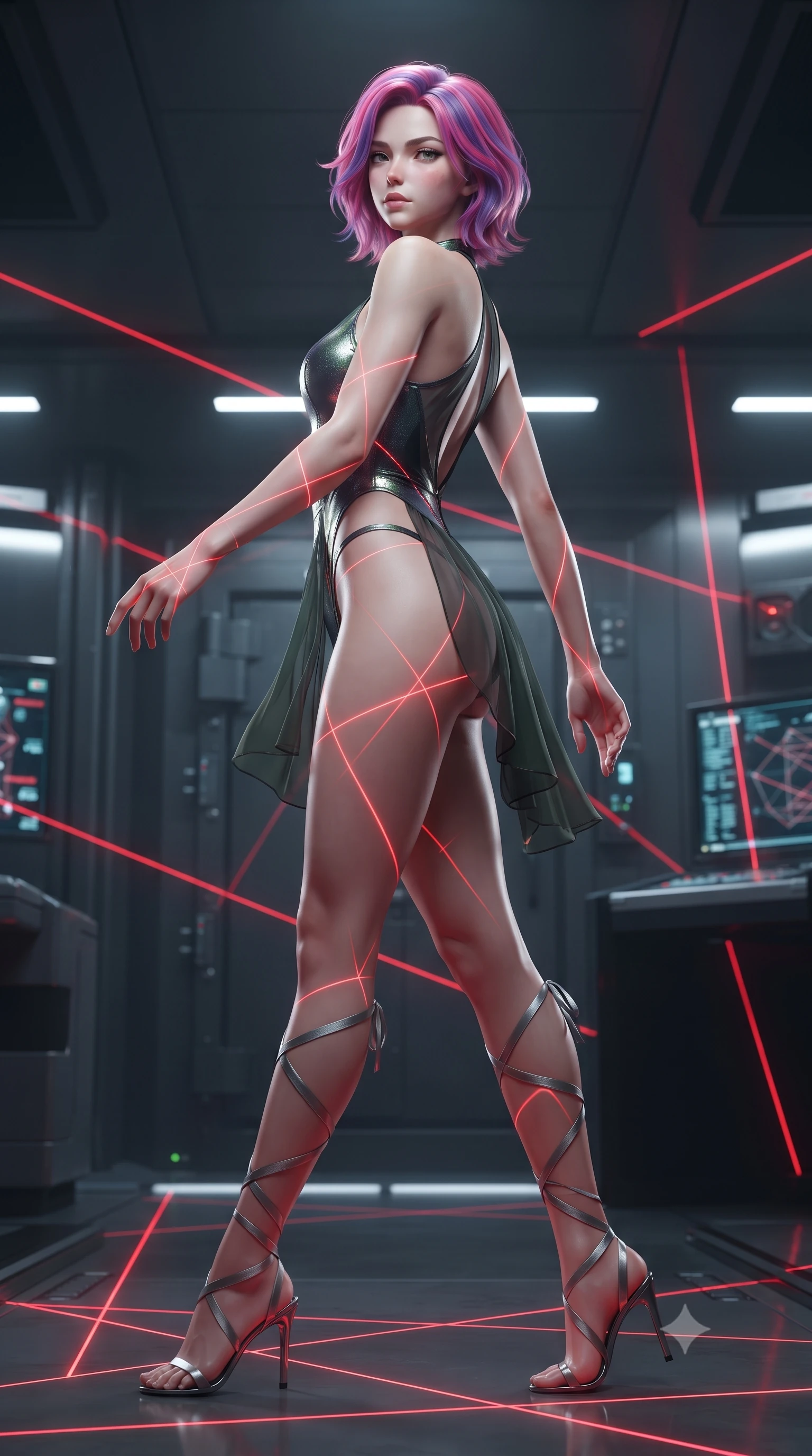 score_9, masterpiece, best quality, ultra-detailed, high-budget anime keyframe, editorial fashion photography, tasteful artistic composition, Caucasian woman. low angle full-body shot from head to toe showing her feet, filling the entire 9:16 vertical frame with her statuesque presence, stretching her vertical silhouette. walking along the terrace with poise, looking back over her bare shoulder with an irresistible smoldering bedroom-gaze while twisting her slender torso in an alluring contrapposto stance, crimson security lasers painting glowing geometric lines across her curves. The surrounding environment is rendered in vivid detail and crisp panoramic clarity: sharp laser emitter diode heads, stainless steel vault door bolts, and polished floor reflection clarity in deep focus. She has an absolutely perfect, statuesque 8.5-heads proportion, an exceptionally tall and slender model-like female figure with impossibly long slender legs, an ultra-slim waist, a flat toned midriff, narrow delicate ribcage, and beautifully sculpted feminine hips creating a graceful, slim hourglass silhouette without any bulky heaviness. sharp v-shaped jawline, high-bridge nose, sparkling eyes with hypnotic seductive depth, thick curled eyelashes, glossy parted lips with a natural dewy peach sheen, alluring bedroom-eyes with an enchanting coquettish smile, exuding magnetic siren charisma and sophisticated glamour, flawlessly proportioned anatomical accuracy, strict slender model proportions, natural body alignment, perfectly sculpted long slender limbs, ultra-slim waistline, clean dynamic posture without body distortion. wearing a liquid metallic lamé ballet leotard clinging like a second skin with high-cut side hip cutouts in stealth night-vision green and carbon charcoal with neon accents, made of sheer gossamer chiffon that drapes softly against skin with airy translucence, finished with delicate satin ballet ribbon ties criss-crossing up her slender calves to the knee, the form-contouring silhouette accentuating her sculpted flat midriff, narrow delicate ribcage, and gracefully curvy hips with intoxicating allure. illuminated by security console backlights and sharp red-and-white rim lighting sculpting her razor-sharp jawline, narrow waist, and curvy hips. ultra-reflective glossy finish, specular highlights, rich textural contrasts, high-contrast stereoscopic depth, volumetric dynamic lighting, 2k, ultra detail, master piece, 9:16 ratio