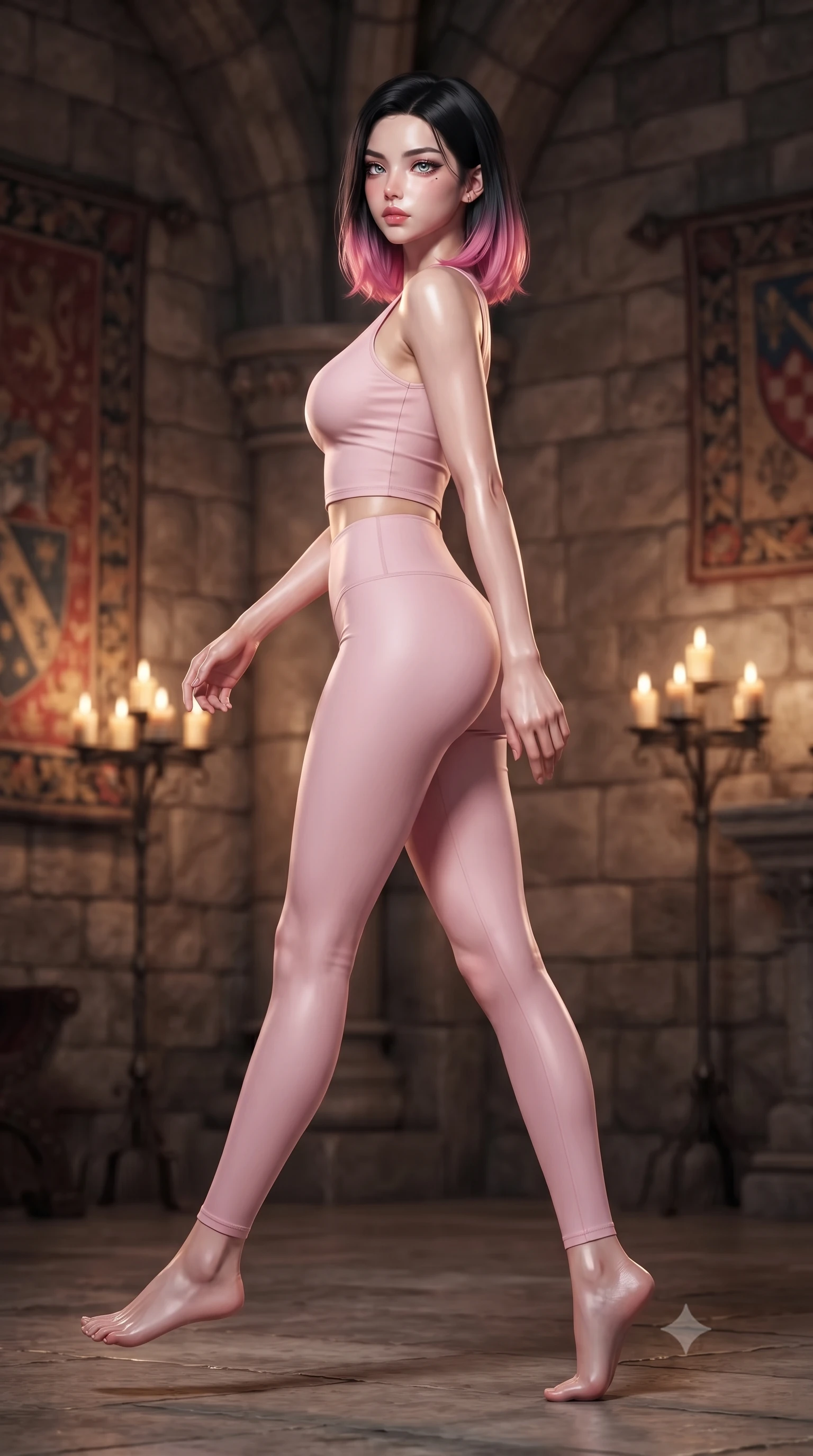 score_9, masterpiece, best quality, ultra-detailed, high-budget anime keyframe, editorial fashion photography, tasteful artistic composition, Korean woman woman. low angle full-body shot from head to toe showing her feet, filling the entire 9:16 vertical frame with her statuesque presence, stretching her vertical silhouette. stepping gracefully while looking back over her shoulder, her dress draped tightly to reveal her silhouette the background shows a soft-focus an old stone castle chamber with tapestries and candle stands. She has an absolutely perfect, statuesque 8.5-heads proportion, an exceptionally tall and slender model-like female figure with impossibly long slender legs and an ultra-slim waist. sharp v-shaped jawline, high-bridge nose, intricate jewel-like eyes with depth, thick eyelashes, glossy lips with a natural sheen. wearing a slim-fit body-hugging light pink crop tank top paired with high-waisted tight-fitting leggings. warm flickering candle lights casting dramatic shadows on the stone walls. ultra-reflective glossy finish, specular highlights, metallic sheen, high-contrast stereoscopic depth, volumetric dynamic lighting, 2k, ultra detail, master piece, 9:16 ratio