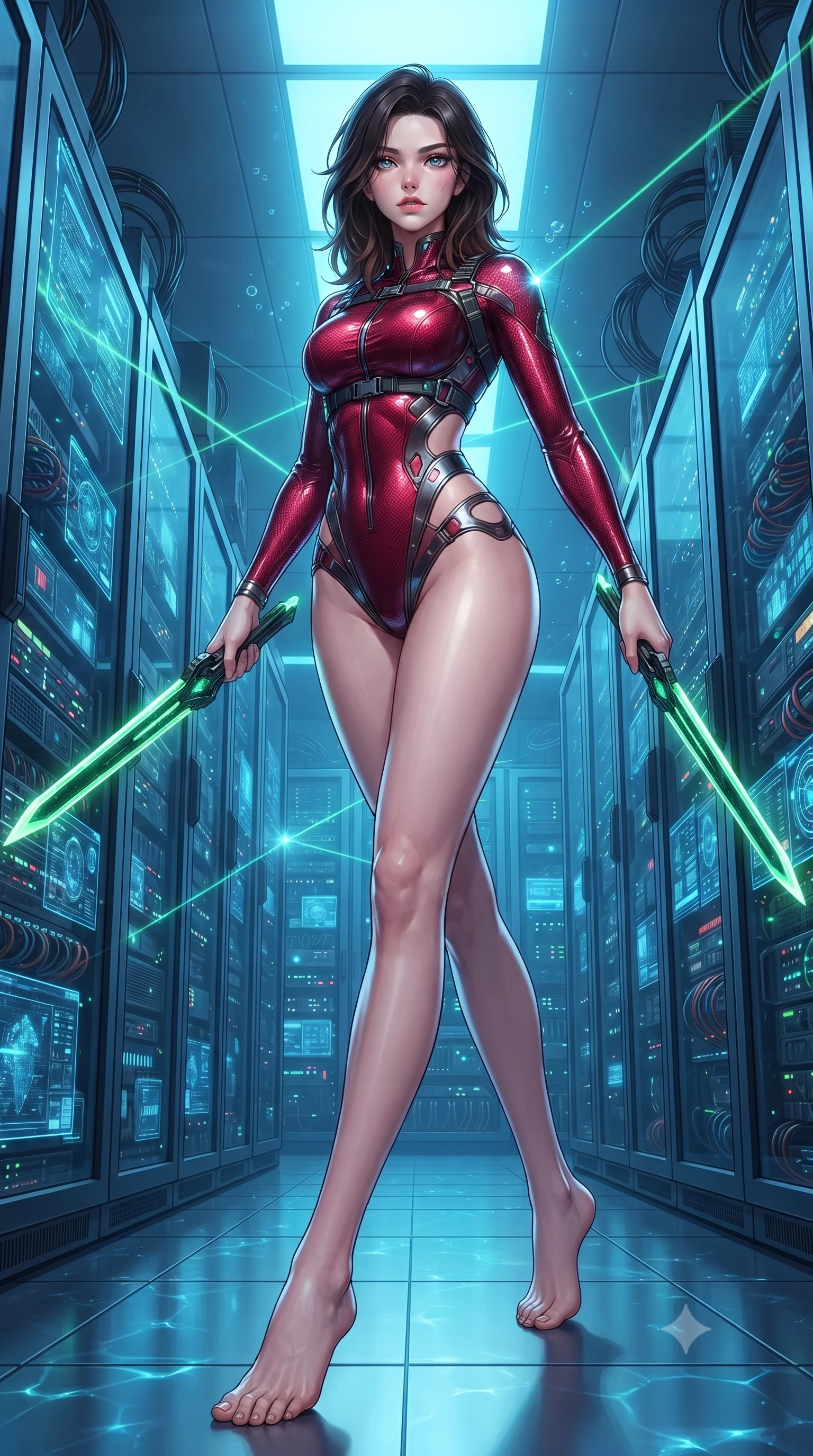 score_9, masterpiece, best quality, ultra-detailed, high-budget anime keyframe, editorial fashion photography, tasteful artistic composition, Korean woman. low angle full-body shot from head to toe showing her feet, filling the entire 9:16 vertical frame with her statuesque presence, stretching her vertical silhouette. pivoting dynamically in mid-motion with a breathtakingly alluring posture, displaying her flawless model proportions, toned flat midriff, and ultra-slim waist while striding down a server aisle with twin pistols held ready, hips swaying with fierce, confident authority. The surrounding environment is rendered in vivid detail and crisp panoramic clarity. sharp chrome pistol slide details, laser targeting beam emitter points, and server glass reflections in deep focus. She has an absolutely perfect, statuesque 8.5-heads proportion, an exceptionally tall and slender model-like female figure with impossibly long slender legs, a toned flat midriff, and an ultra-slim waist. sharp v-shaped jawline, high-bridge nose, intricate jewel-like eyes with depth, thick eyelashes, glossy lips with a natural sheen, flawlessly proportioned anatomical accuracy, strict slender model proportions, natural body alignment, perfectly sculpted long slender limbs, ultra-slim waistline, clean dynamic posture without body distortion. wearing a skin-tight crimson carbon-weave combat leotard with metallic dark chrome plating and hip-accentuating cutouts, holding twin glowing high-frequency vibro-blades with effortless supermodel poise in emerald green carbon composite with glowing lime laser channels, tailored from flexible second-skin carbon-mesh that clings flawlessly to her athletic curves, reinforced by a sleek titanium tactical harness and glowing micro-energy straps, the form-contouring material adhering flawlessly to her sculpted flat midriff and slender torso, emphasizing her long leg lines and perfectly proportioned willowy build. bathed in luminous sapphire and cyan aquatic backlighting with glittering water surface caustics. ultra-reflective glossy finish, specular highlights, dark metallic sheen, high-contrast stereoscopic depth, volumetric dynamic lighting, 2k, ultra detail, master piece, 9:16 ratio
