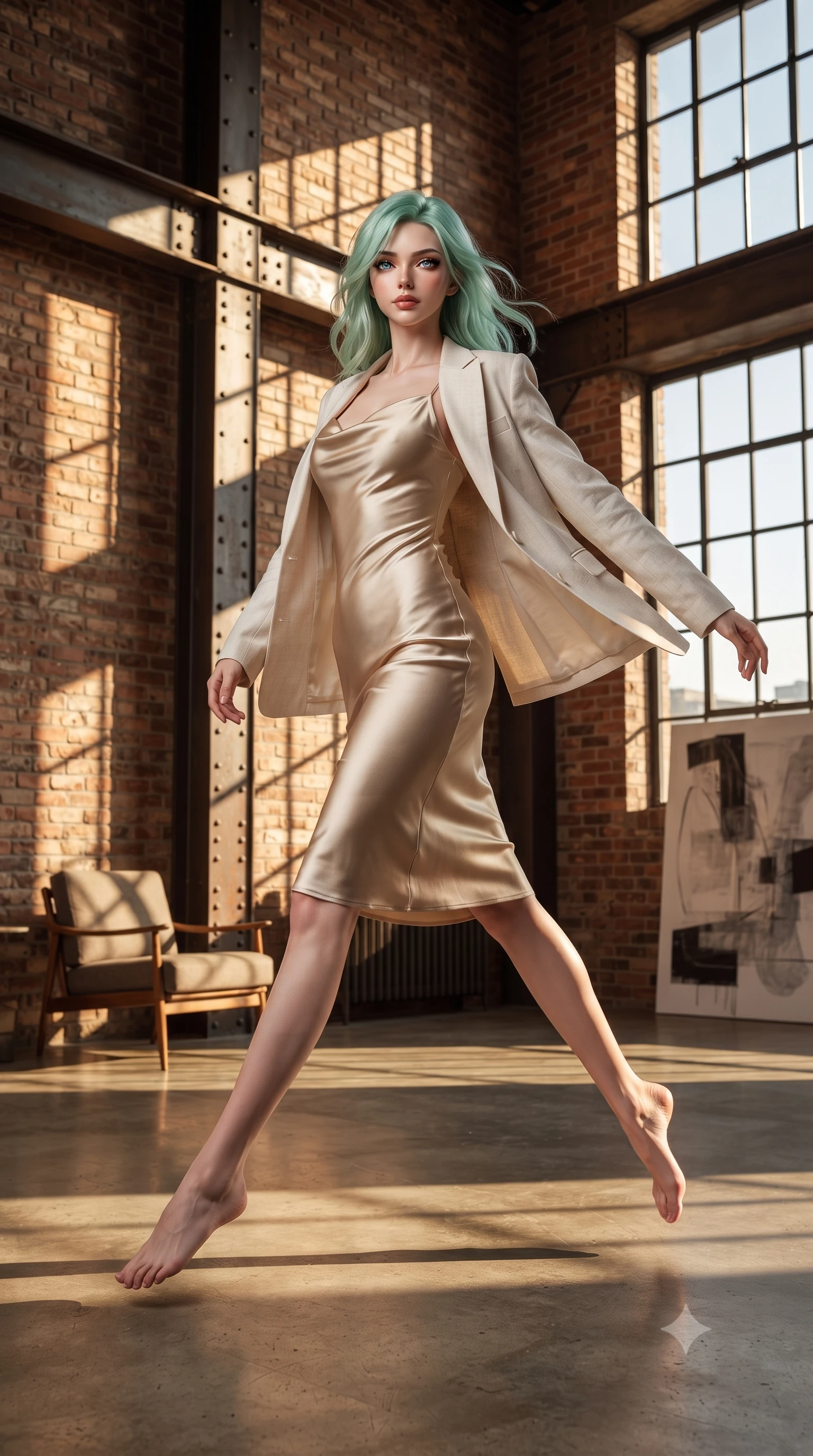 score_9, masterpiece, best quality, ultra-detailed, high-budget anime keyframe, editorial fashion photography, tasteful artistic composition, Japanese woman. low angle full-body shot from head to toe showing her feet, filling the entire 9:16 vertical frame with her statuesque presence, stretching her vertical silhouette. leaping gracefully through a raw industrial space with exposed red brick walls riveted steel I-beams massive factory windows and polished concrete floors converted into a luxury living space with designer furniture and contemporary art. She has a statuesque 8.5-heads proportion, an exceptionally tall, slender and willowy model-like build with impossibly long legs and a highly sculpted ultra-slim waist. sharp v-shaped jawline, high-bridge nose, intricate jewel-like eyes with depth, thick eyelashes, glossy lips with a natural sheen. wearing a champagne gold cowl-neck satin slip dress that drapes and clings to her slender figure, layered with a cream linen blazer. strong directional afternoon light streaming through the massive multi-pane factory windows creating bold geometric shadow patterns on brick and concrete with warm industrial ambiance. 2k, ultra detail, master piece, 9:16 ratio