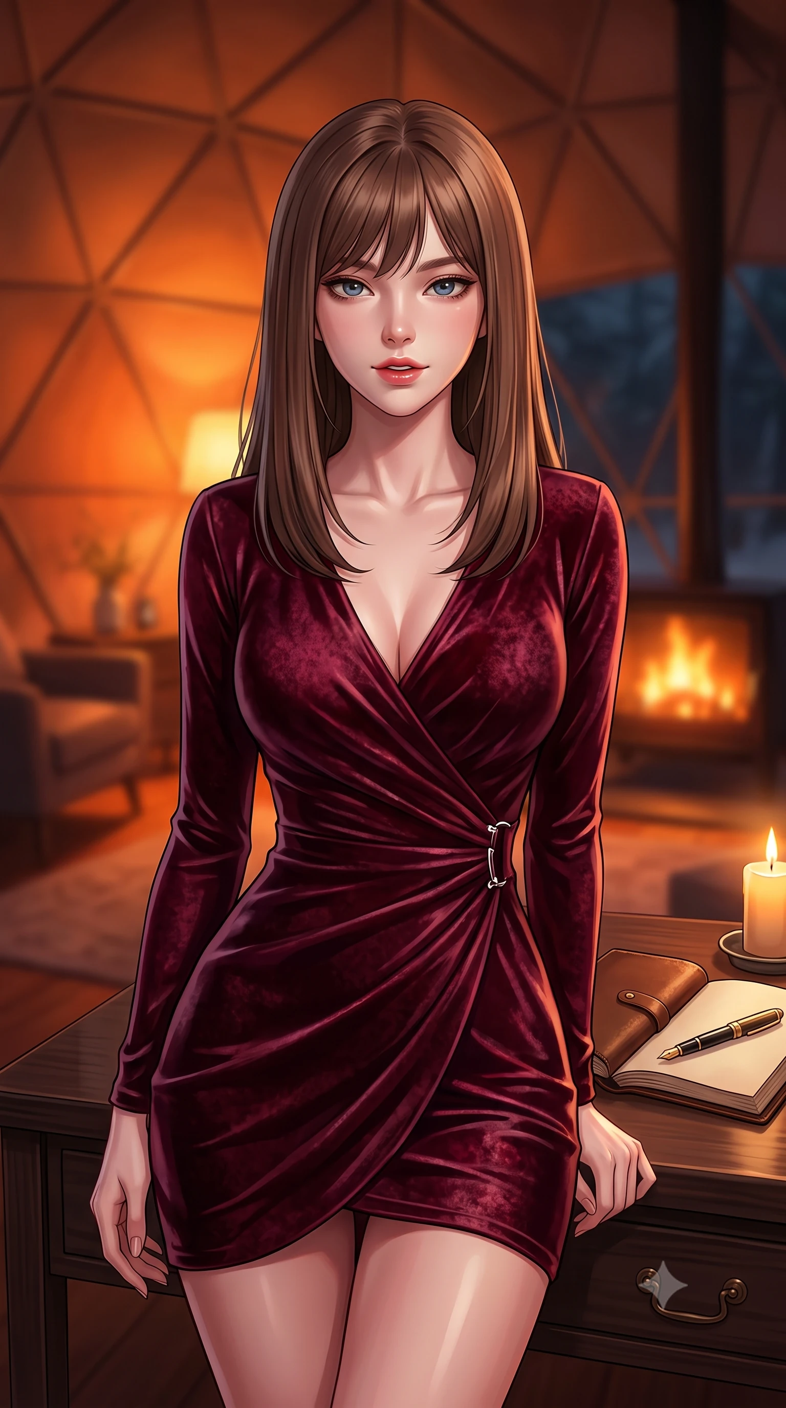 score_9, masterpiece, best quality, ultra-detailed, high-budget anime keyframe, editorial fashion photography, tasteful artistic composition, Korean woman. close-up cowboy shot from the waist and thighs up, the character dominates the composition, filling the frame with her large presence, background elements kept in soft focus. gazing directly into the camera with a smoldering, magnetic half-smile, her glossy lips parted alluringly set against a soft-focus background of inside an exclusive geodesic dome with an open leather journal and a gold fountain pen sitting next to a candle. She has an exceptionally elegant, slender, and willowy female figure with an ultra-slim waist, a gracefully sculpted slender torso, and a refined silhouette. sharp v-shaped jawline, high-bridge nose, intricate jewel-like eyes with depth, thick eyelashes, glossy lips with a natural sheen. wearing slim-fit deep burgundy crushed velvet sleek long-sleeve silk wrap dress contouring her ultra-slim waist elegantly accented with delicate silver hardware. bathed in cozy, flickering fireplace light that paints the room in a warm orange wash. highly saturated vibrant anime colors, detailed shading with soft gradients, rich glossy textures, high-contrast stereoscopic depth, volumetric dynamic lighting, master piece, 9:16 ratio