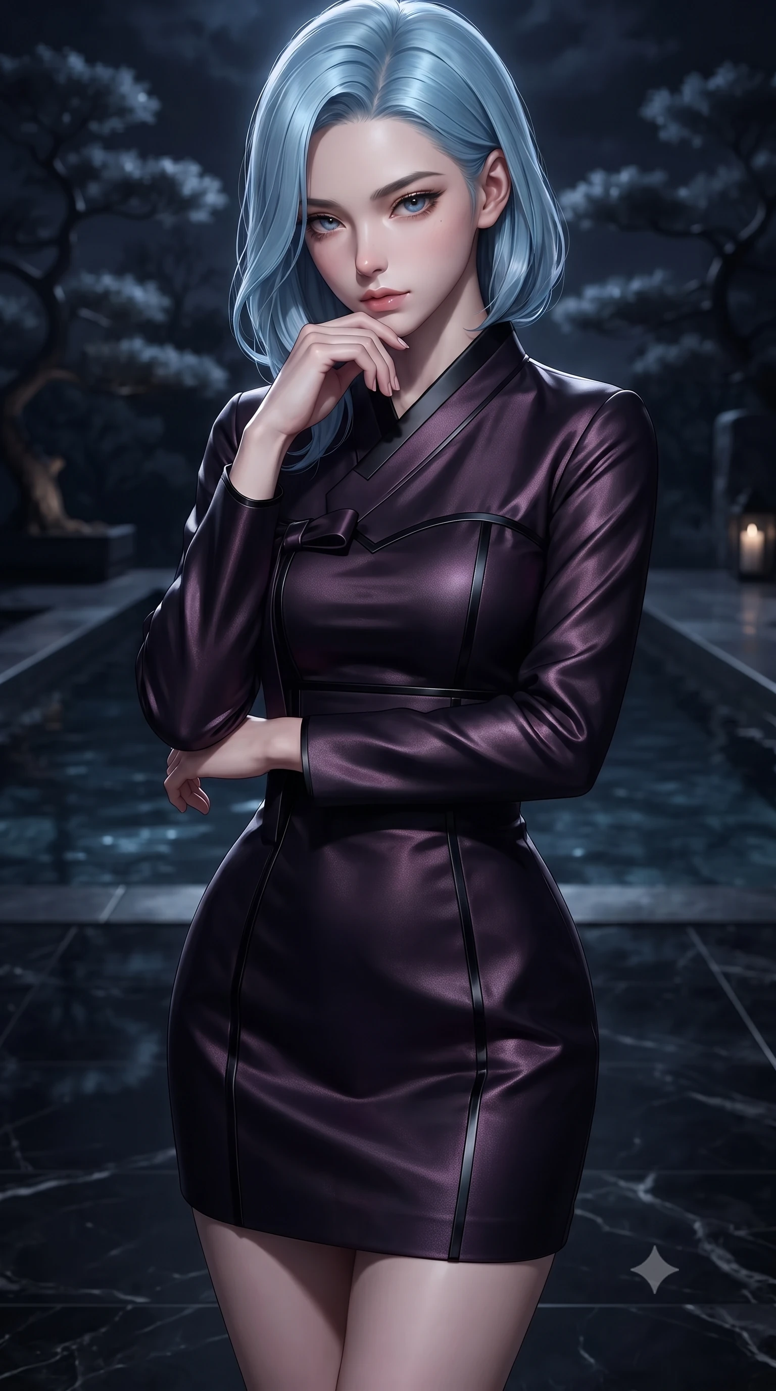 score_9, masterpiece, best quality, ultra-detailed, high-budget anime keyframe, editorial fashion photography, tasteful artistic composition, Korean woman. close-up cowboy shot from the waist and thighs up, the character dominates the composition, filling the frame with her large presence, background elements kept in soft focus. Resting her chin on the backs of her fingers with an air of effortless superiority, poised beside a dark stone pool reflecting cold moonlight and shadowy trees, dark polished marble floor reflecting her silhouette like black glass. She has an exceptionally elegant, slender, and willowy female figure with an ultra-slim waist, a gracefully sculpted slender torso, and a refined silhouette. sharp v-shaped jawline, high-bridge nose, intricate jewel-like eyes with depth, thick eyelashes, glossy lips with a natural sheen. wearing modern fusion dark hanbok dress with structured obsidian bodice in dark plum violet, made of iridescent dark violet taffeta, adorned with minimalist black onyx hardware framing the silhouette, highlighting her statuesque proportions and ultra-slim waistline. lit by intense moonbeam key light defining her refined silhouette. ultra-reflective glossy finish, specular highlights, metallic sheen, high-contrast stereoscopic depth, volumetric dynamic lighting, 2k, ultra detail, master piece, 9:16 ratio