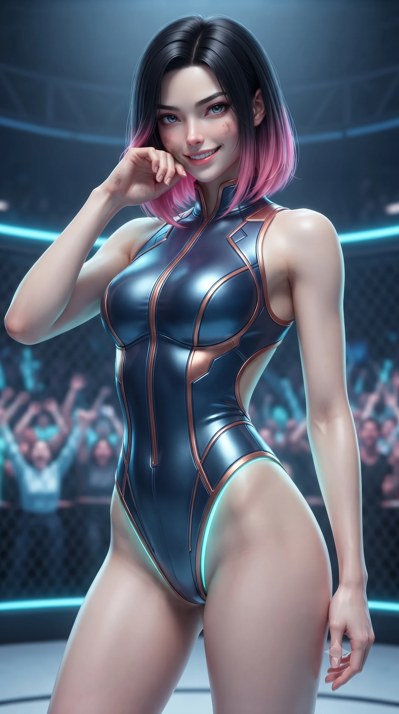 score_9, masterpiece, best quality, ultra-detailed, high-budget anime keyframe, editorial fashion photography, tasteful artistic composition, realistic cosplay photography, Korean woman. close-up cowboy shot from the waist and thighs up, the character dominates the composition, filling the frame with her large presence, background elements kept in soft focus. Wiping a smudge of dust from her cheek with a confident, defiant grin. set against a soft-focus background of a circular cage arena surrounded by a digital holographic crowd cheering, neon blue lights tracing the cage bars. She has an exceptionally elegant and slender, willowy female figure with an ultra-slim waist, a gracefully sculpted slender torso, and a refined slim physique. sharp v-shaped jawline, high-bridge nose, intricate jewel-like eyes with depth, thick eyelashes, glossy lips with a natural sheen. wearing tailored for maximum mobility, sleek form-contouring panels that allow fluid movement, a slim-fit one-piece style bodysuit in metallic navy with copper trim, featuring high-cut legs and an open-back design. soft aqua bioluminescent light making her skin luminously glow against darkness. ultra-reflective glossy finish, specular highlights, metallic sheen, high-contrast stereoscopic depth, volumetric dynamic lighting, 2k, ultra detail, master piece, 9:16 ratio