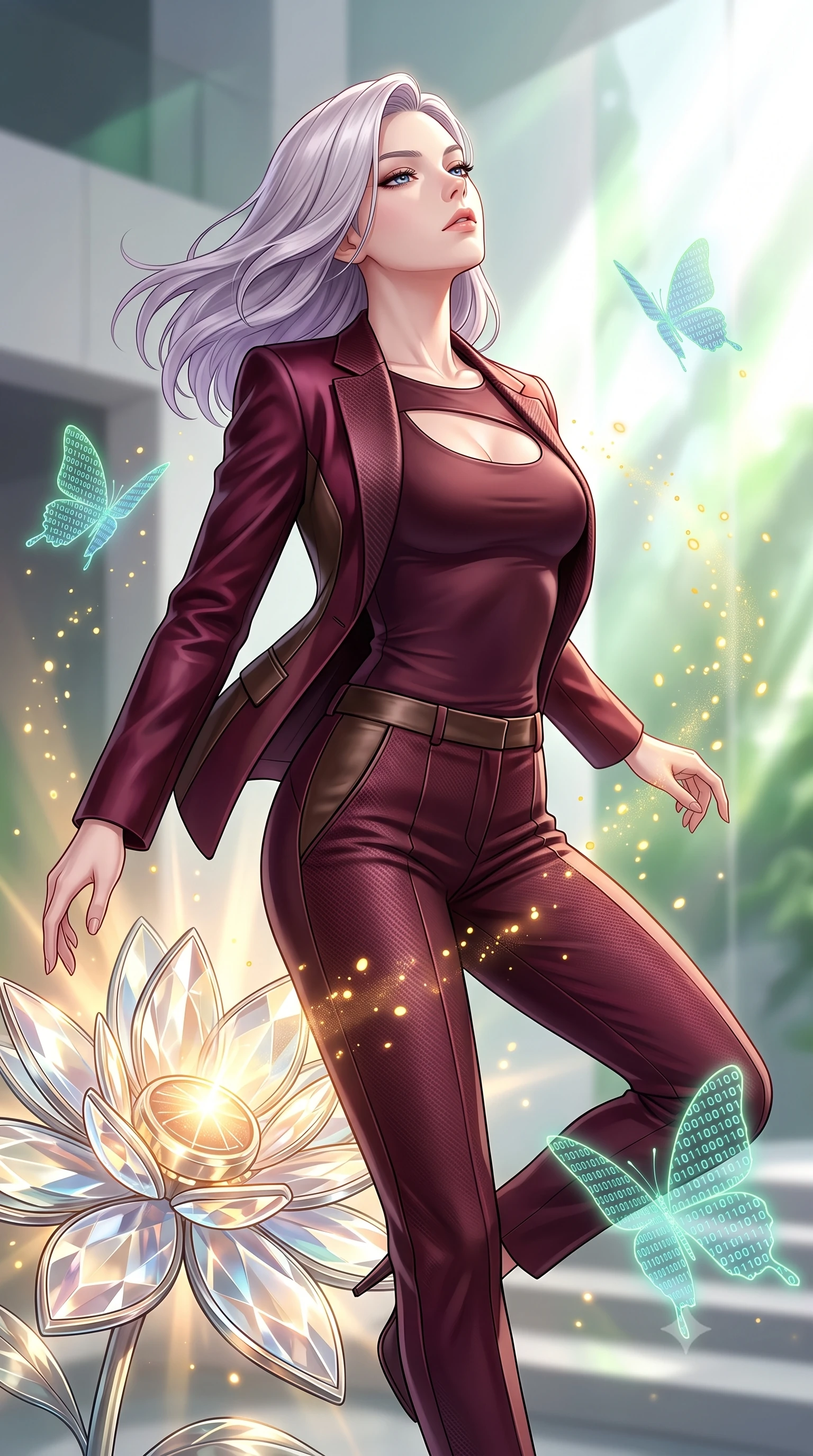 score_9, masterpiece, best quality, ultra-detailed, high-budget anime keyframe, editorial fashion photography, tasteful artistic composition, Caucasian woman. close-up cowboy shot from the waist and thighs up, the character dominates the composition, filling the frame with her large presence, background elements kept in soft focus. Tilting her chin up with an air of effortless superiority while balancing dynamically amidst the scene while pivoting dynamically near a solar-powered crystal blossom emitting warm ambient sunbursts, glowing pollen particles and binary code butterflies drifting around her form. She has an exceptionally elegant, slender, and willowy female figure with an ultra-slim waist, a gracefully sculpted slender torso, and a refined silhouette. sharp v-shaped jawline, high-bridge nose, intricate jewel-like eyes with depth, thick eyelashes, glossy lips with a natural sheen, flawlessly proportioned anatomical accuracy, natural body alignment, perfectly sculpted elegant limbs, clean dynamic posture without body distortion. wearing a tailored silk blazer over a form-contouring scoop-neck top and slacks in deep burgundy and bronze, made of fine carbon-fiber weave and soft matte leather, accented with a Tasteful chest slit framing her clavicle gracefully, the form-contouring material highlighting her ultra-slim waist and long lines. surrounded by a bright, airy ambiance with radiant white and green highlights. highly saturated vibrant anime colors, detailed shading with soft gradients, rich glossy textures, high-contrast stereoscopic depth, volumetric dynamic lighting, master piece, 9:16 ratio