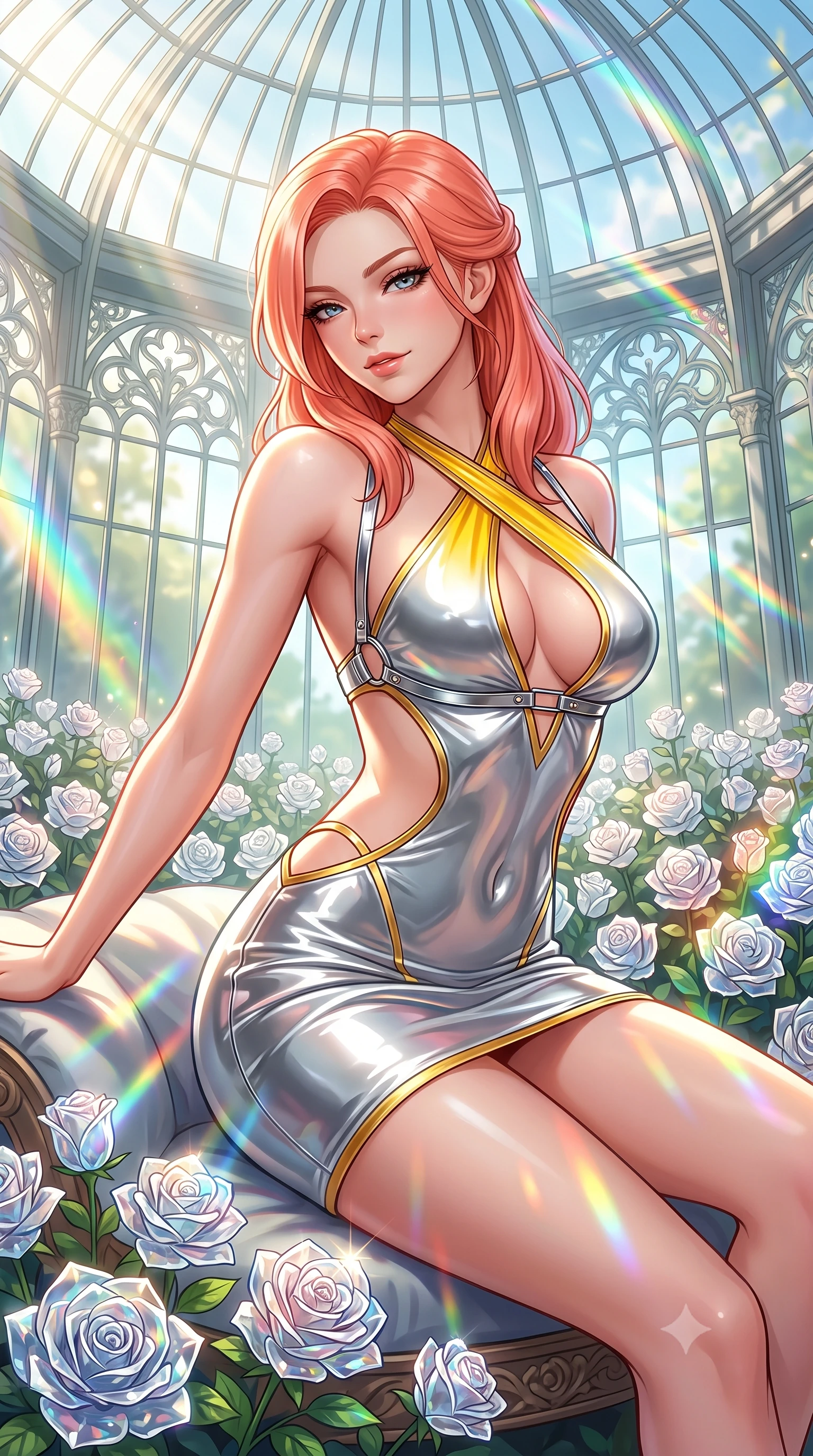 score_9, masterpiece, best quality, ultra-detailed, high-budget anime keyframe, semi-realistic 3D game render, editorial fashion photography, tasteful artistic composition, Japanese woman. close-up cowboy shot from the waist and thighs up, the character dominates the composition, filling the frame with her large presence. stretching forward with an alluring arch of her spine, glancing over her shoulder with thick eyelashes and a smoldering half-smile while reclining gracefully amidst blooming crystal glass roses in a soaring glass greenhouse as morning sunbeams create rainbow prisms. The surrounding environment is rendered in vivid detail and crisp panoramic clarity. intricate botanical trellis carvings, distinct rainbow light band edges, and glass dome panes in high resolution. She has an exceptionally elegant, slender, and willowy female figure with an ultra-slim waist, a gracefully sculpted slender torso, toned flat midriff, and a refined slim silhouette. sharp v-shaped jawline, high-bridge nose, intricate jewel-like eyes with depth, thick eyelashes, glossy lips with a natural sheen, flawlessly proportioned anatomical accuracy, strict slender model proportions, natural body alignment, perfectly sculpted long slender limbs, ultra-slim waistline, clean dynamic posture without body distortion. wearing a molten silver liquid-metal mini dress featuring deep side-waist cutouts and a daring crossover halter neckline in vibrant sunburst canary yellow and gold trim, formed from high-gloss patent material with specular light reflections, reinforced by a sleek metallic chrome harness and delicate glowing micro-straps, the liquid-tight tailored fabric emphasizing every curve of her tall, slender model proportions and sculptured silhouette during dynamic movement. illuminated by fresh botanical ambient radiance and sparkling specular highlights tracing her curves. highly saturated vibrant anime colors, detailed shading with soft gradients, rich glossy textures, high-contrast stereoscopic depth, volumetric dynamic lighting, master piece, 9:16 ratio