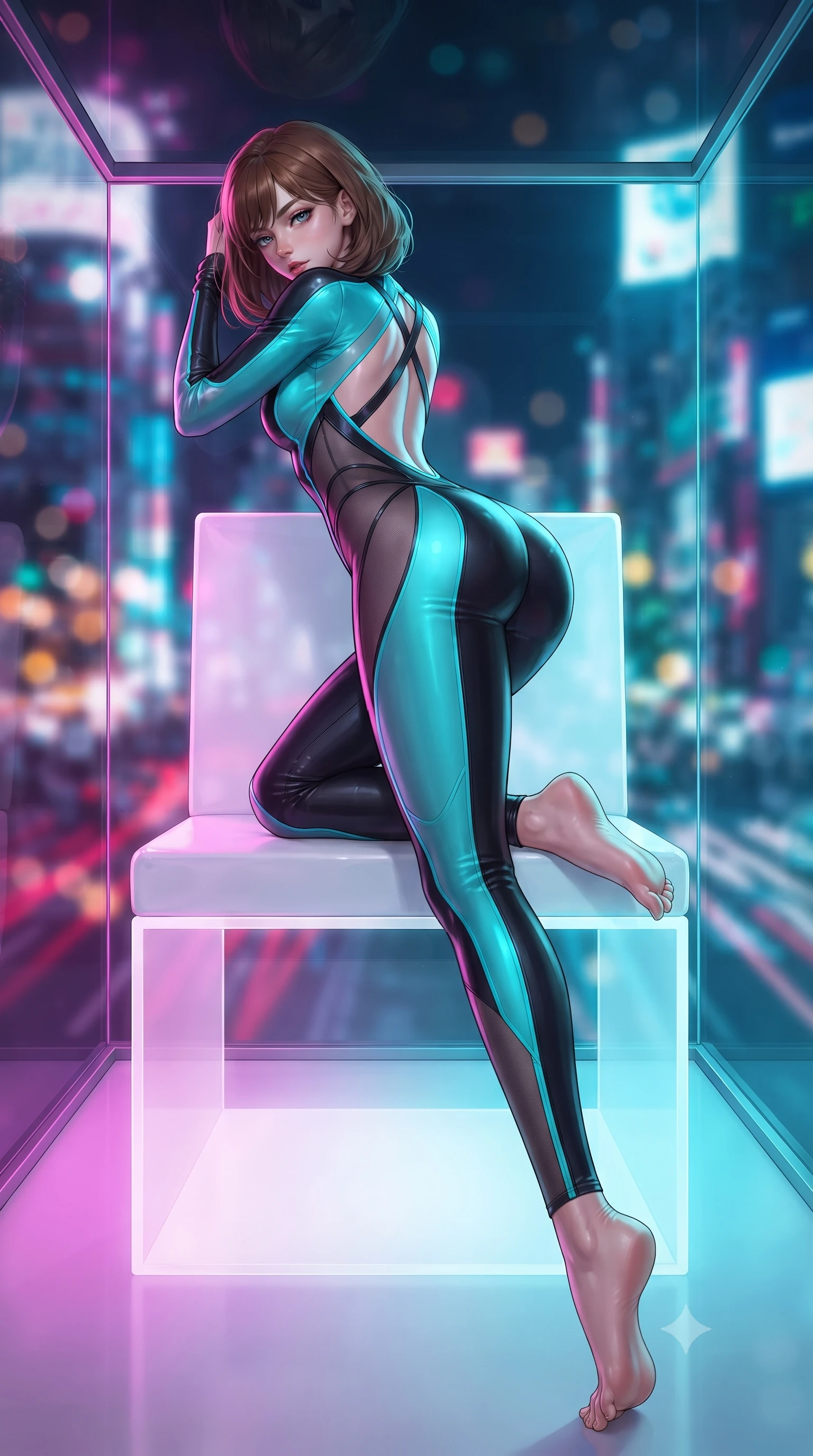 score_9, masterpiece, best quality, ultra-detailed, high-budget anime keyframe, editorial fashion photography, tasteful artistic composition, Caucasian woman. low angle full-body shot from head to toe showing her feet, filling the entire 9:16 vertical frame with her statuesque presence, stretching her vertical silhouette. striding forward in a proud supermodel runway stride, hips swaying in an alluring kinetic rhythm that accentuates her curvy hourglass silhouette while reclining on a minimalist white acrylic cube daybed within the transparent skybox, arching her lower back to display her curvy hips against the neon abyss. The composition keeps background elements in soft focus with creamy bokeh. swirling Tokyo neon traffic trails and digital billboard light grids blurred into electric magenta, cyan, and amber bokeh. She has an exceptionally tall and slender model-like 8.5-heads proportion, an ultra-slim waist, a flat toned midriff, narrow delicate ribcage, and beautifully sculpted feminine hips creating a graceful, slim hourglass silhouette without any bulky heaviness, with impossibly long slender legs. sharp v-shaped jawline, high-bridge nose, intricate jewel-like eyes with depth, thick eyelashes, glossy parted lips with a natural sheen, intensely captivating and seductive bedroom-eyes expression, flawlessly proportioned anatomical accuracy, strict slender model proportions, natural body alignment, perfectly sculpted long slender limbs, ultra-slim waistline, clean dynamic posture without body distortion. wearing a second-skin compression catsuit with an open back and sheer mesh side waist contouring in neon electric cyan and lacquer black, woven from layered gossamer chiffon with a weightless sweeping drape, finished with criss-cross back satin straps highlighting her graceful shoulder blades, the liquid-tight tailored fabric clinging flawlessly to her narrow waist and rounded feminine hips, emphasizing every millimeter of her sculpted slim hourglass curves without any bulky heaviness. bathed in vibrant magenta and electric cyan neon underlights contrasting with cool night sky ambient fill. ultra-reflective glossy finish, specular highlights, rich textural contrasts, high-contrast stereoscopic depth, volumetric dynamic lighting, 2k, ultra detail, master piece, 9:16 ratio
